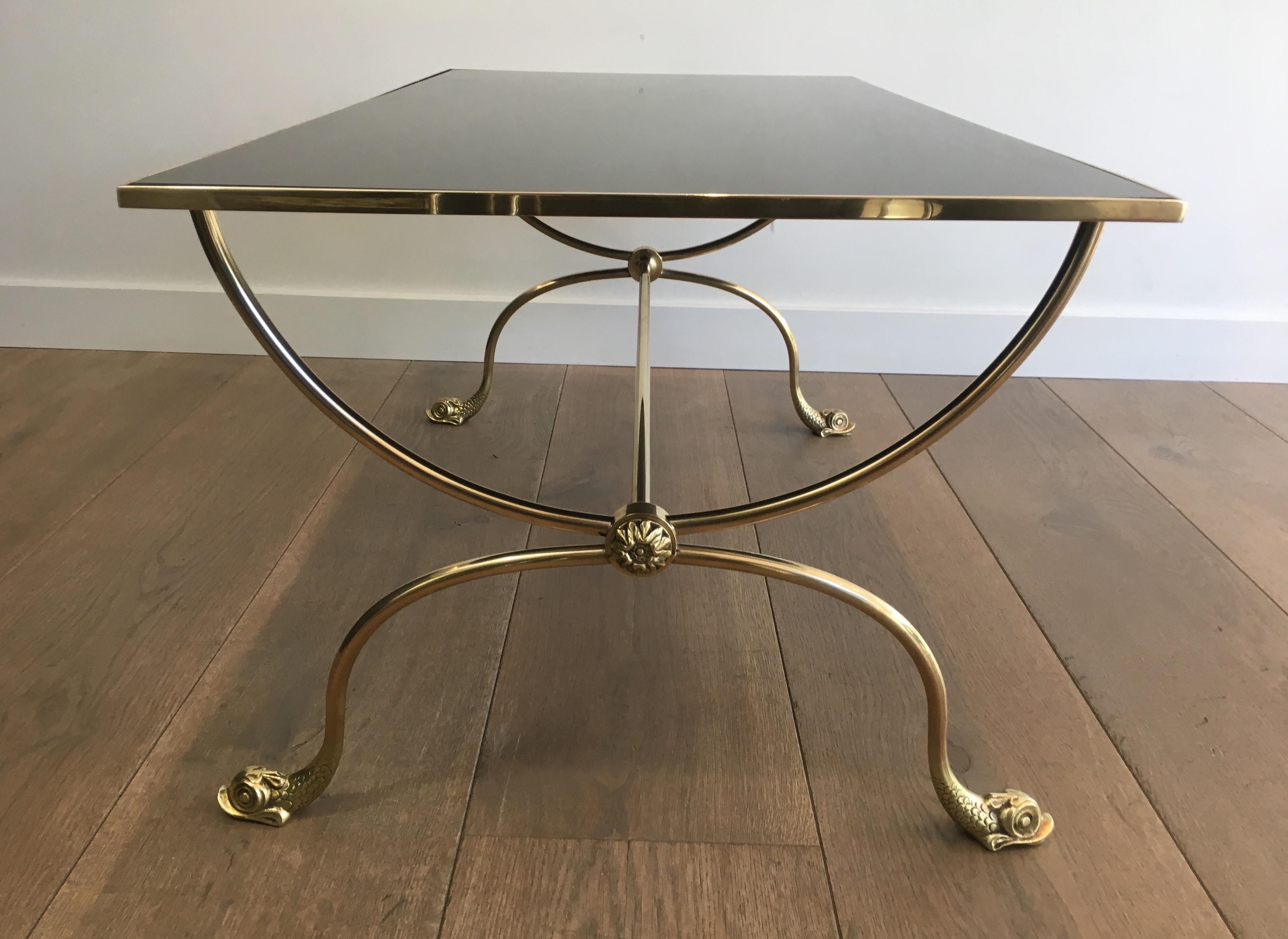 Maison Jansen, Neoclassical Style Brass Coffee Table with Dolphin Heads In Good Condition In Marcq-en-Barœul, Hauts-de-France