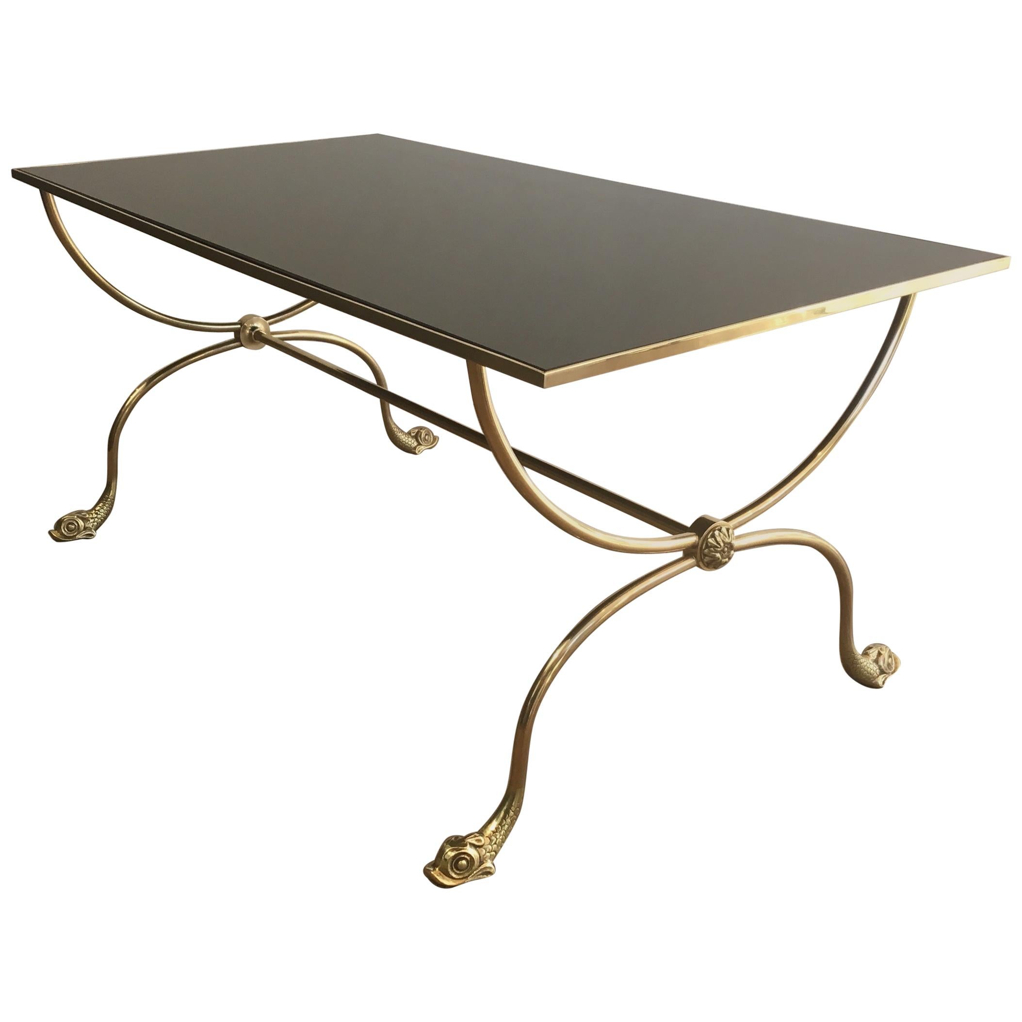 Maison Jansen, Neoclassical Style Brass Coffee Table with Dolphin Heads