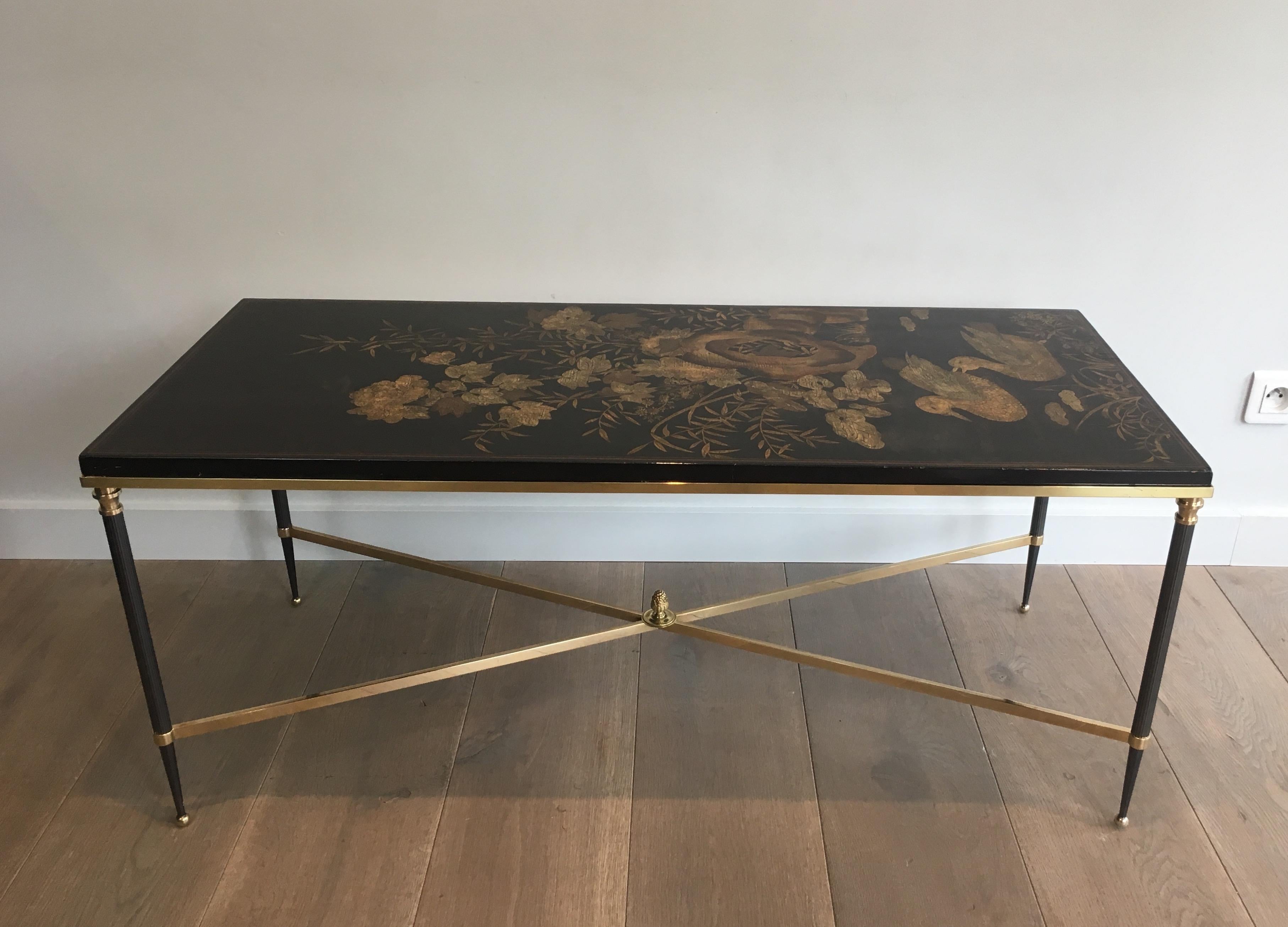 Maison Jansen, Neoclassical Style Gun Metal and Brass Coffee Table with Black  4