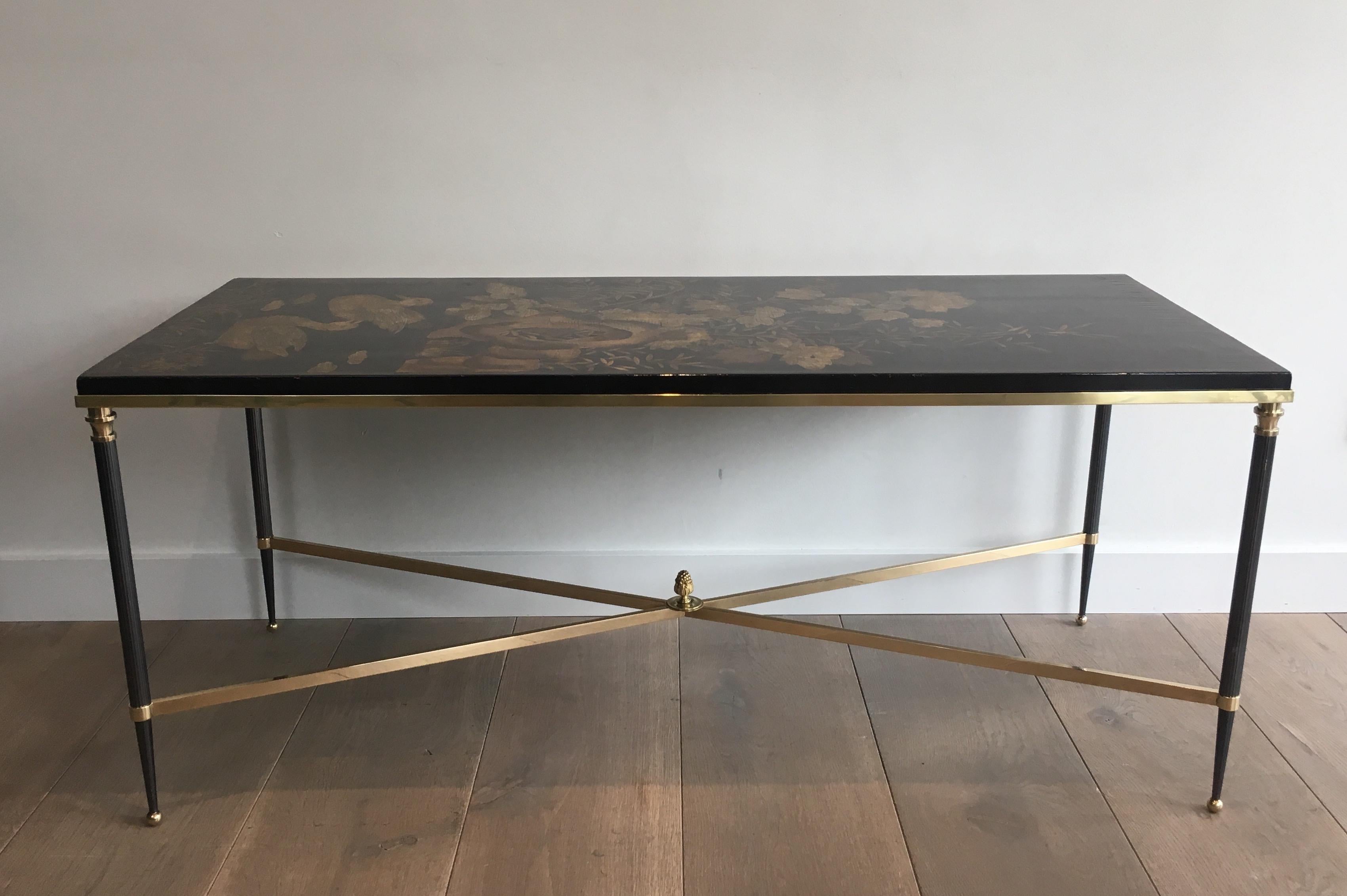 Maison Jansen, Neoclassical Style Gun Metal and Brass Coffee Table with Black  In Good Condition In Marcq-en-Barœul, Hauts-de-France