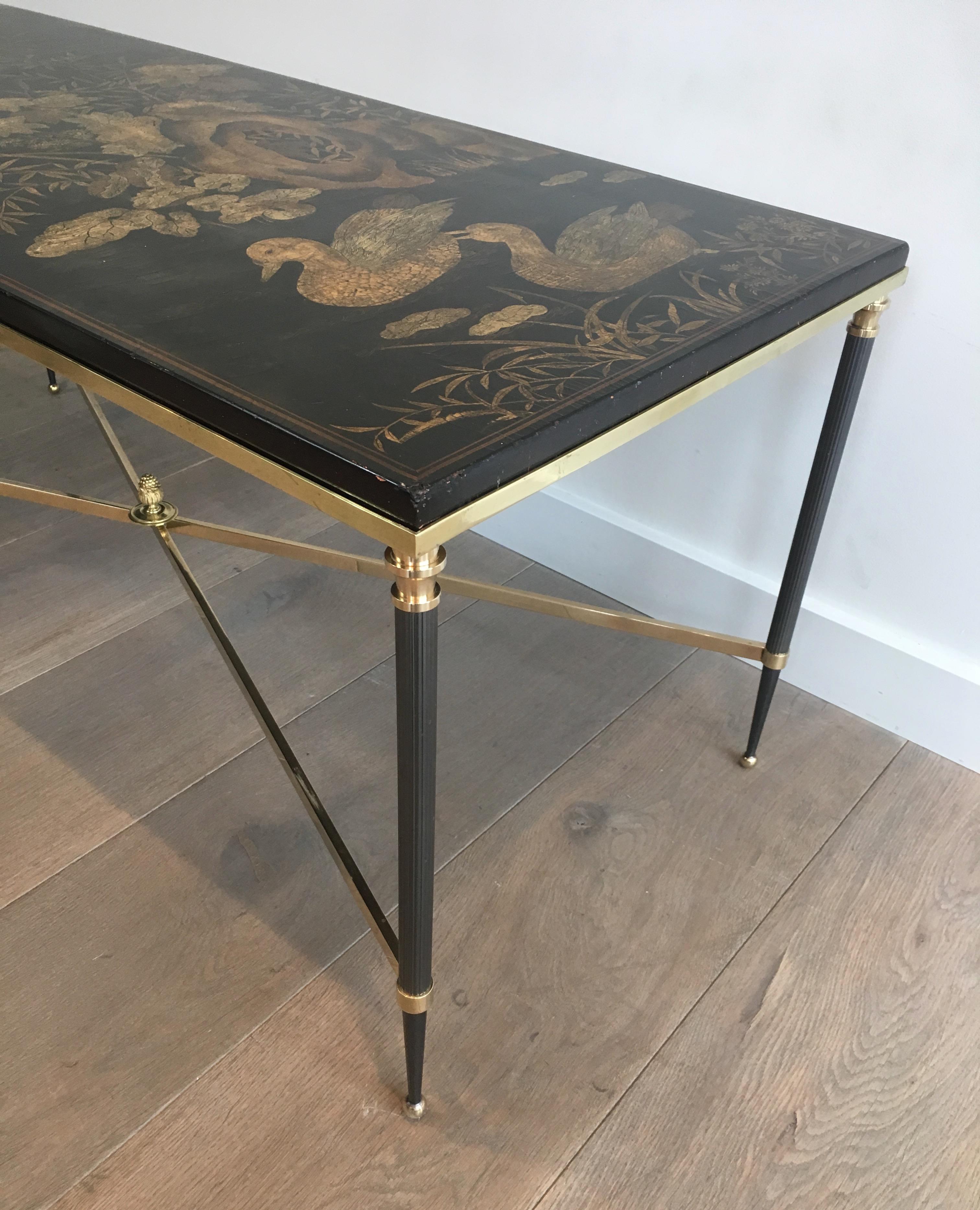Mid-20th Century Maison Jansen, Neoclassical Style Gun Metal and Brass Coffee Table with Black 