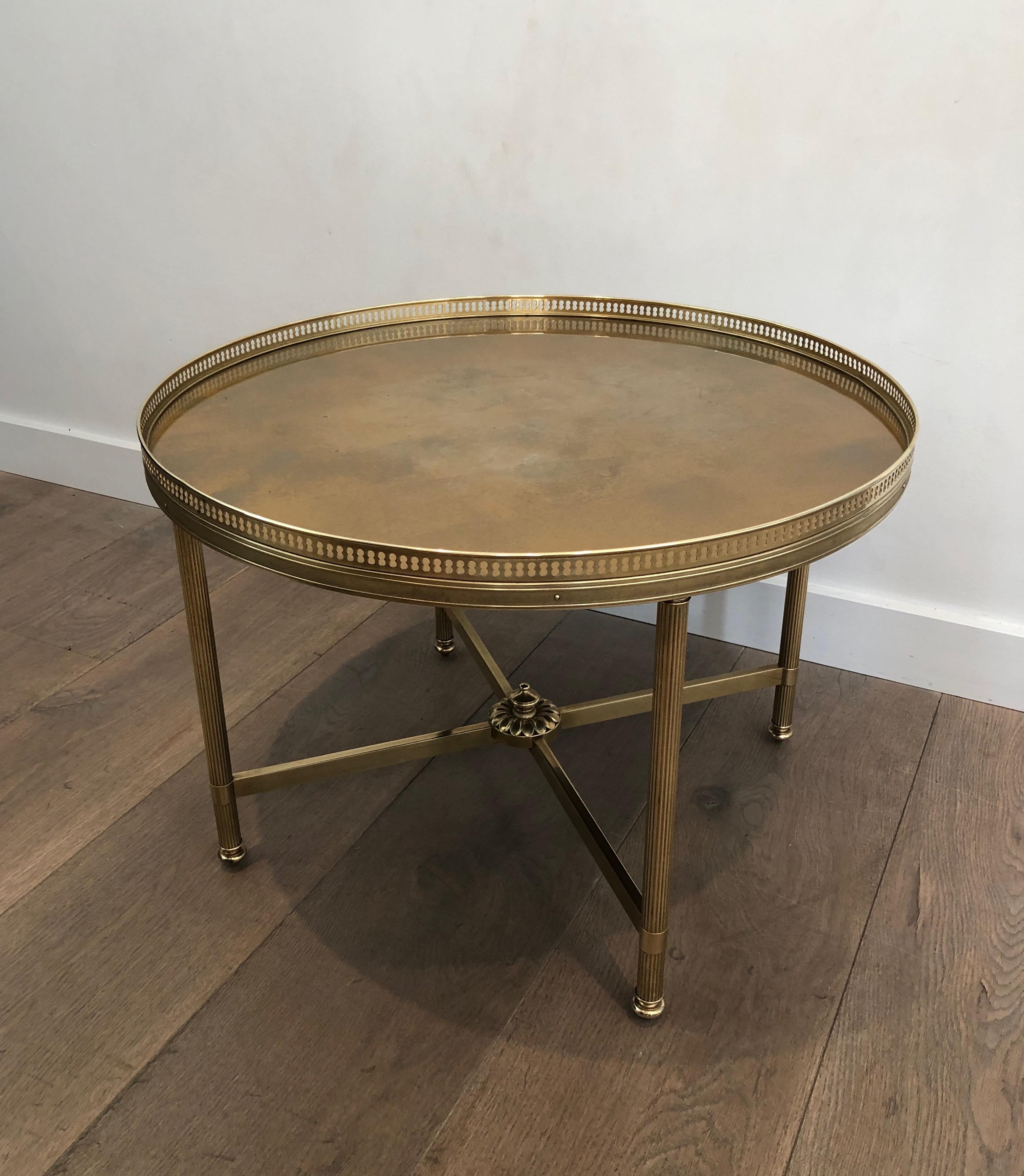 French Maison Jansen, Neoclassical Style Small Round Brass Coffee Table with Gold Top