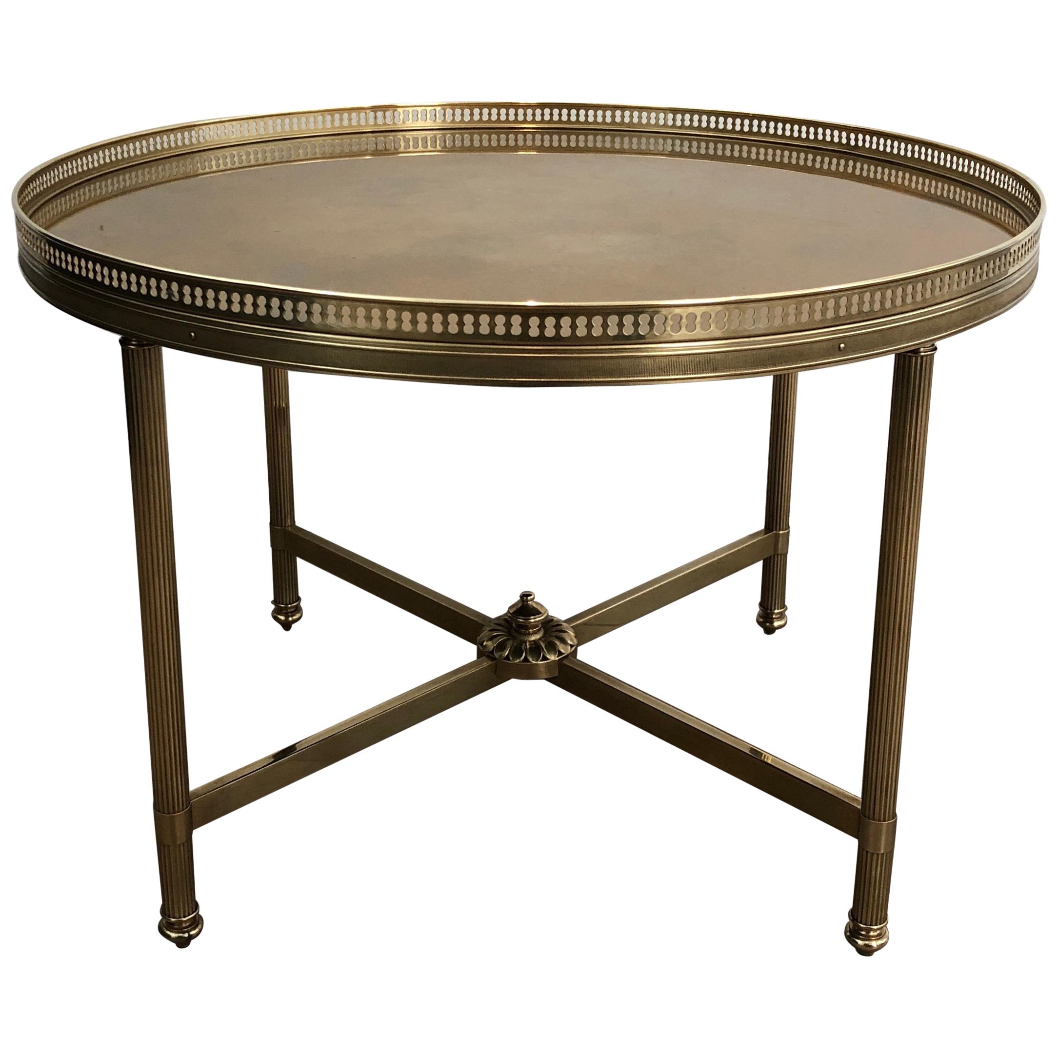 Maison Jansen, Neoclassical Style Small Round Brass Coffee Table with Gold Top