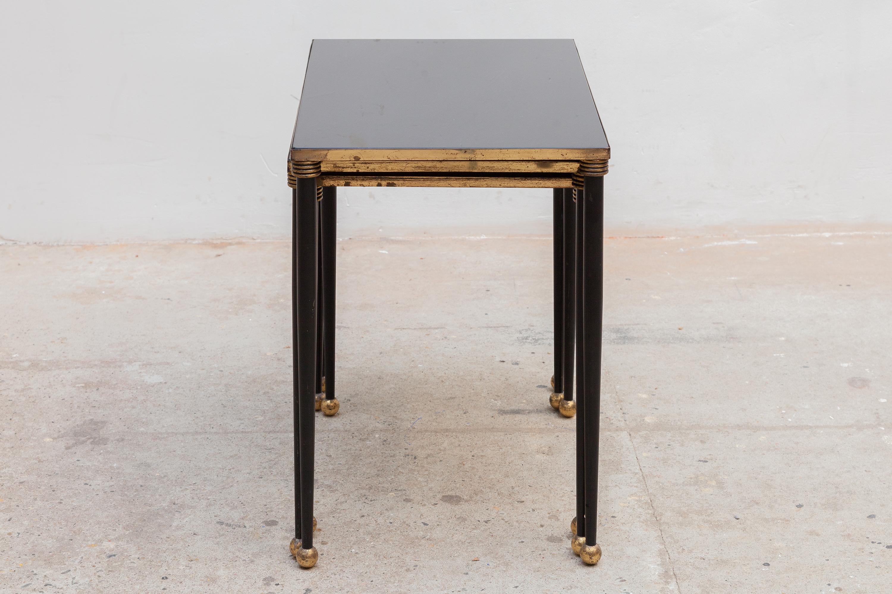 Hand-Crafted Maison Jansen Nesting Tables a Trio, Brass Frames & Black Mirror, 1950 France
