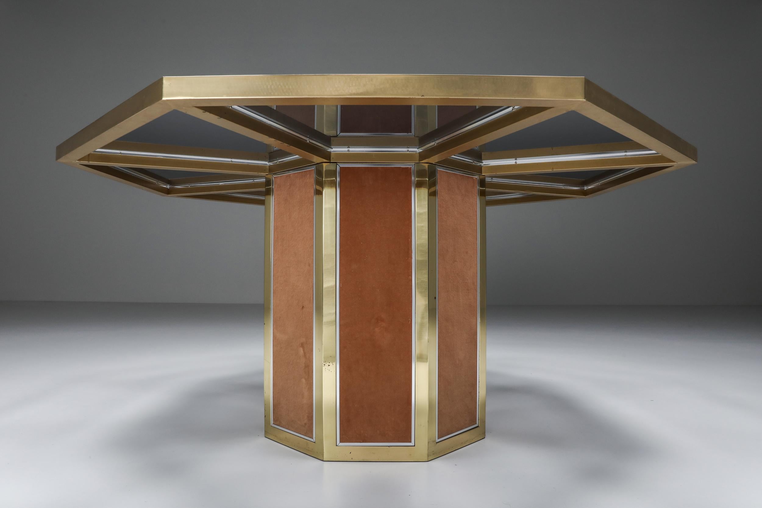 Mid-Century Modern Maison Jansen, Octagonal Dining Table in Brass and Rattan, Hollywood Regency