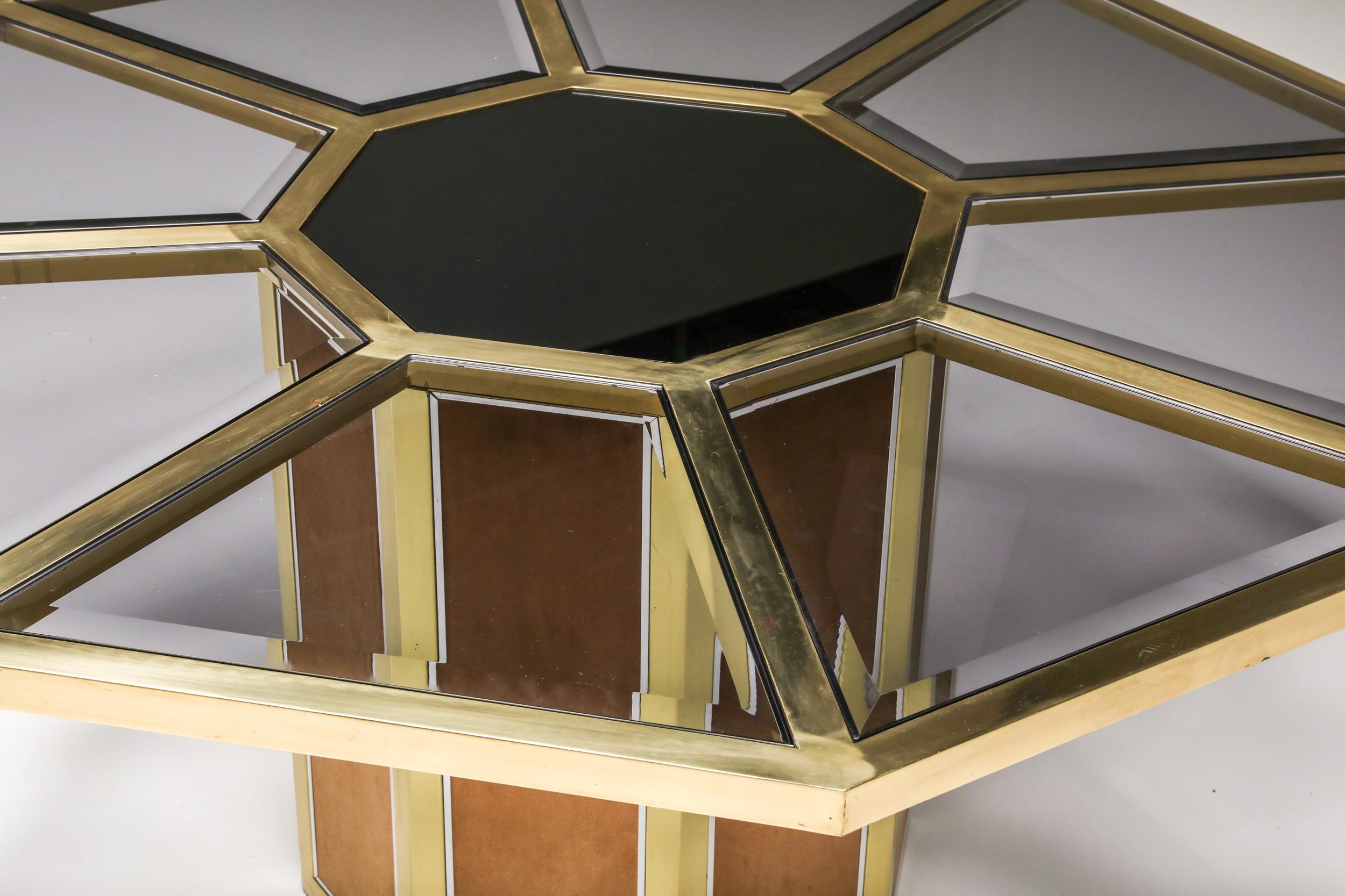 Glass Maison Jansen, Octagonal Dining Table in Brass and Rattan, Hollywood Regency