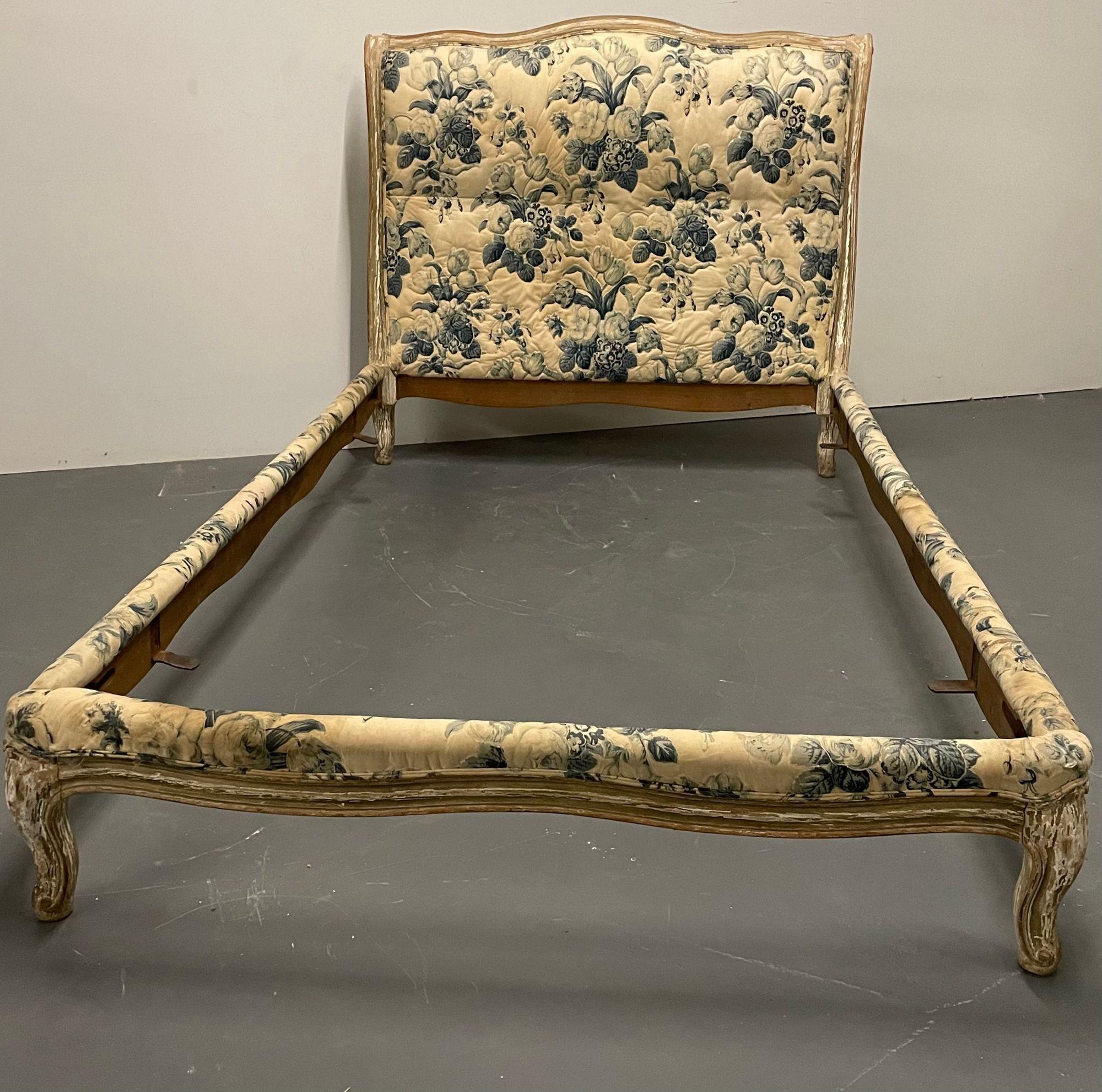 Maison Jansen Paint Decorated Twin Bedframe, Distressed, Stamped Made in France
 
A finely detailed sleigh bed having original paint finish on a Louis XV Frame by this highly sought after designer. The whole in a worn and tattered painted finish in
