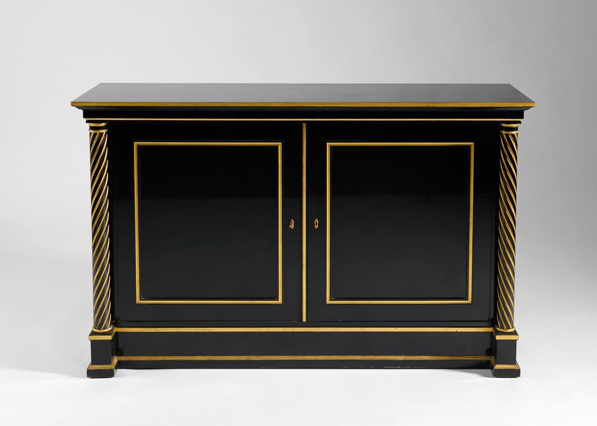 Lacquered Maison Jansen, Pair of Black Lacquer Cabinets, France, 1965 For Sale