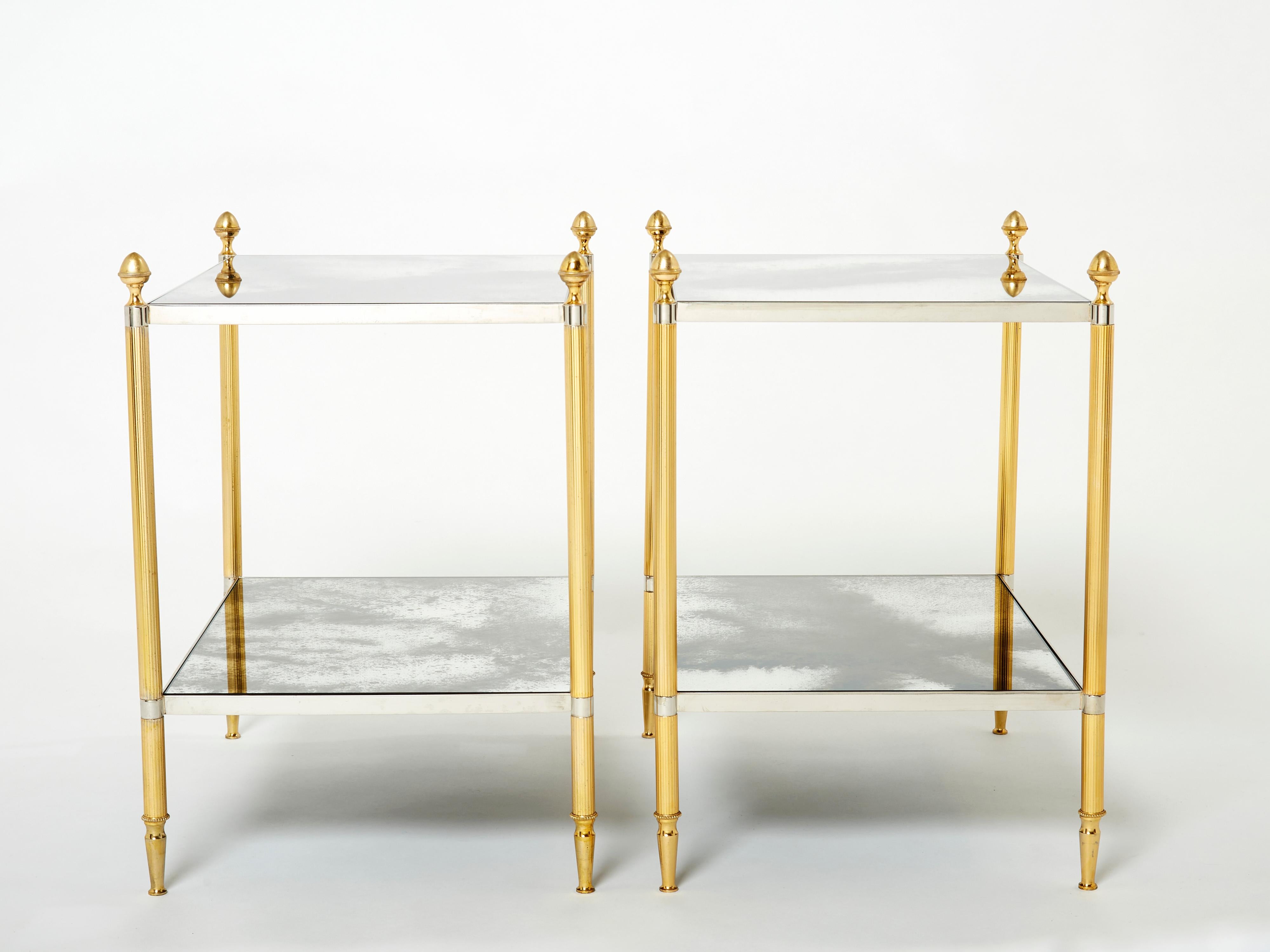 Maison Jansen Pair of Brass Chrome Mirrored Two-Tier End Tables, 1970s For Sale 4