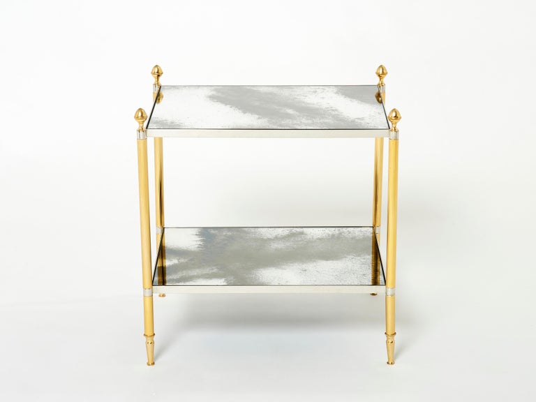 Maison Jansen Pair of Brass Chrome Mirrored Two-Tier End Tables, 1970s For Sale 5