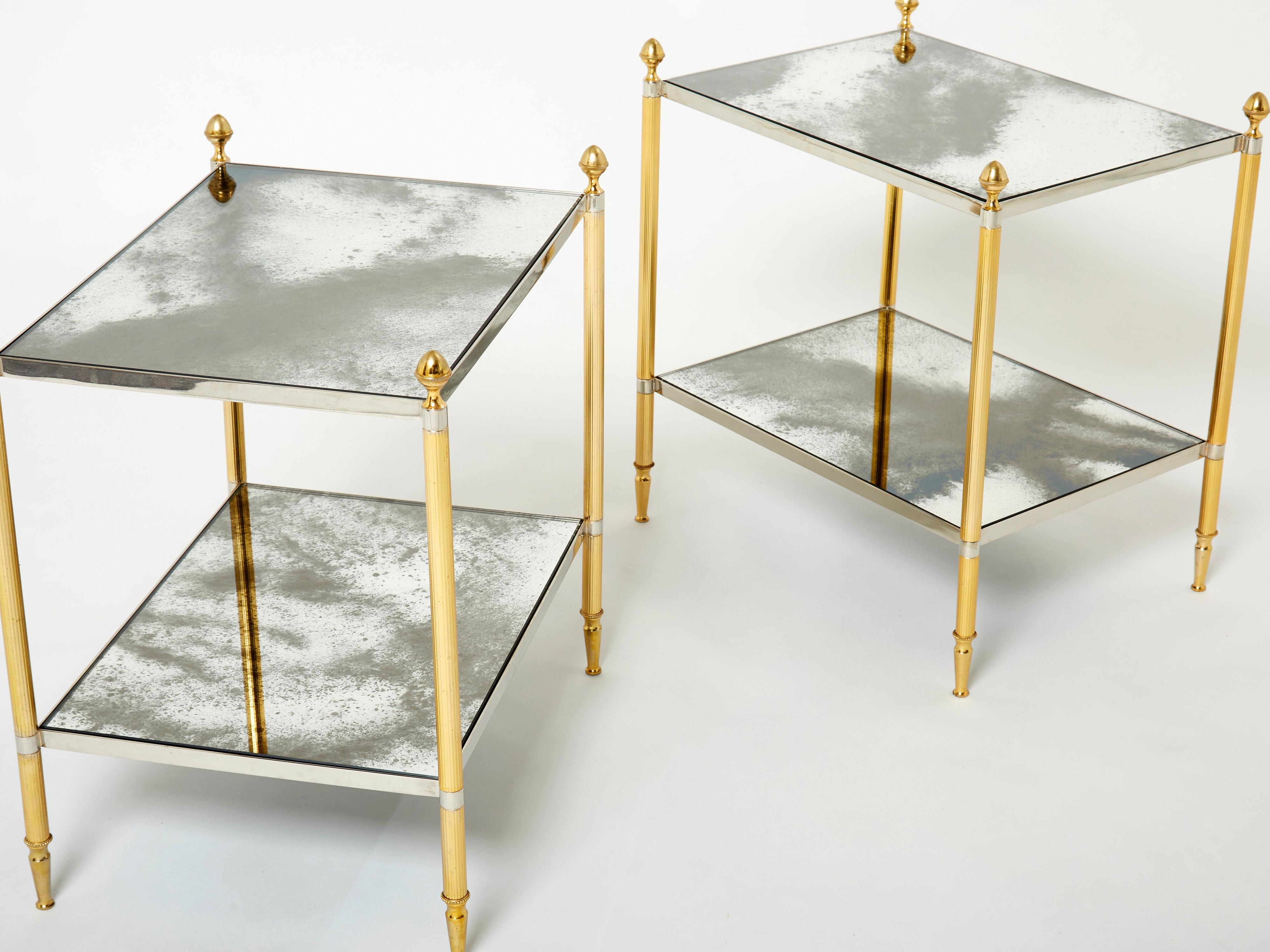 Mid-Century Modern Maison Jansen Pair of Brass Chrome Mirrored Two-Tier End Tables, 1970s For Sale