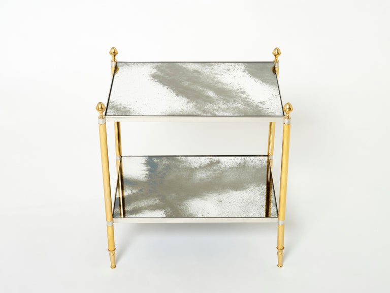 French Maison Jansen Pair of Brass Chrome Mirrored Two-Tier End Tables, 1970s For Sale