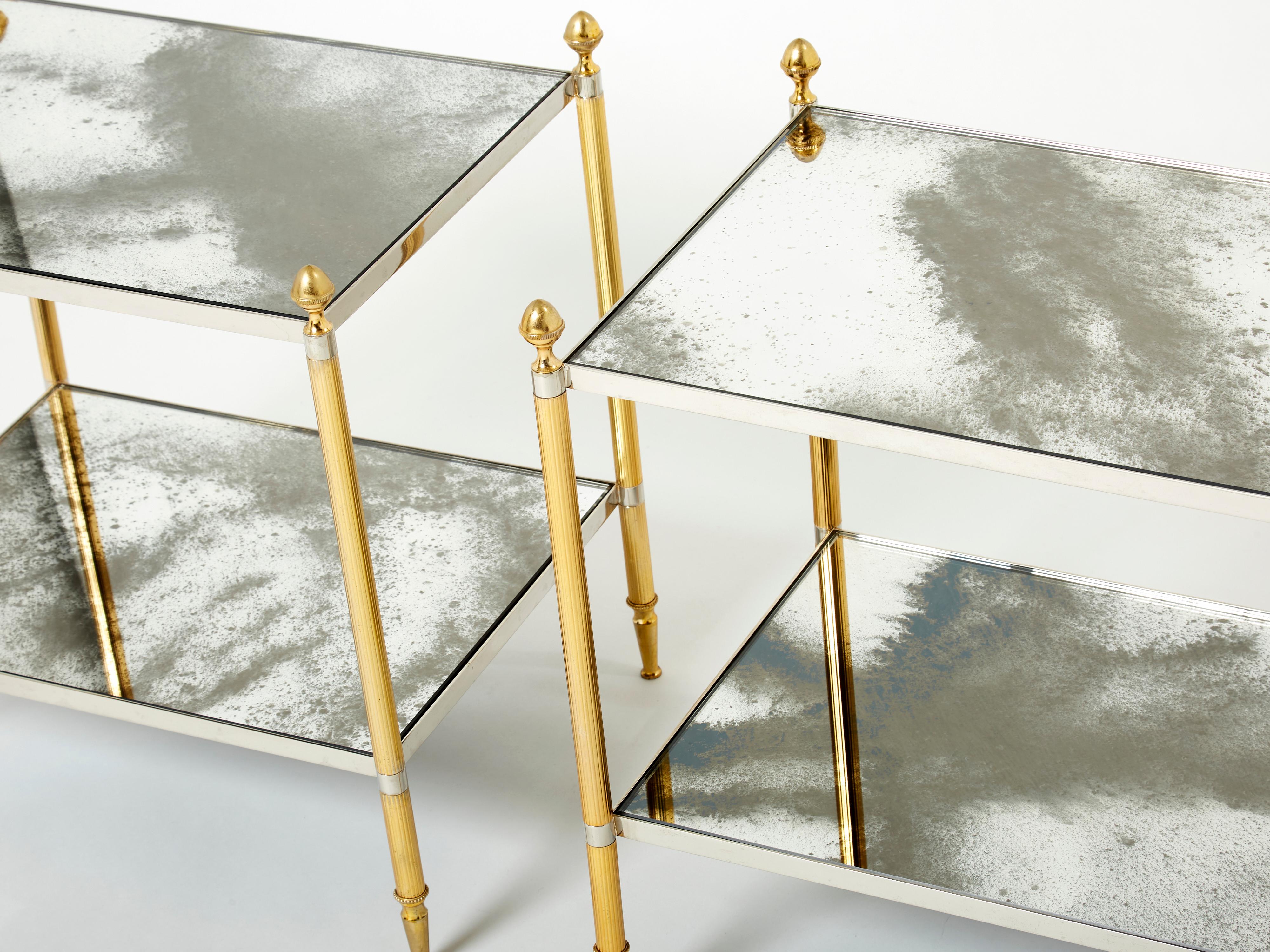 Maison Jansen Pair of Brass Chrome Mirrored Two-Tier End Tables, 1970s In Good Condition For Sale In Paris, IDF