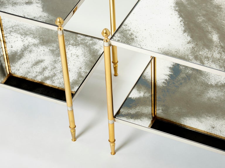 Late 20th Century Maison Jansen Pair of Brass Chrome Mirrored Two-Tier End Tables, 1970s For Sale