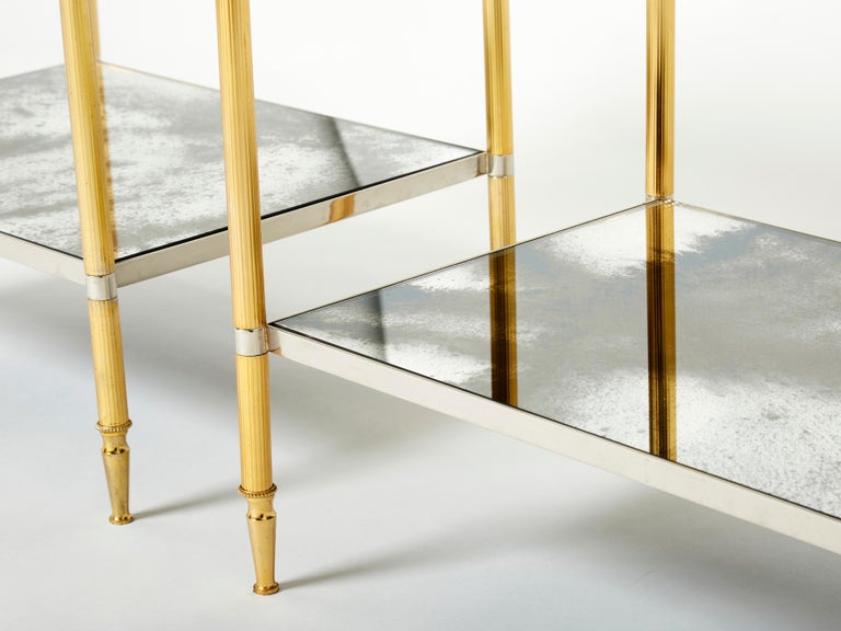 Maison Jansen Pair of Brass Chrome Mirrored Two-Tier End Tables, 1970s For Sale 1