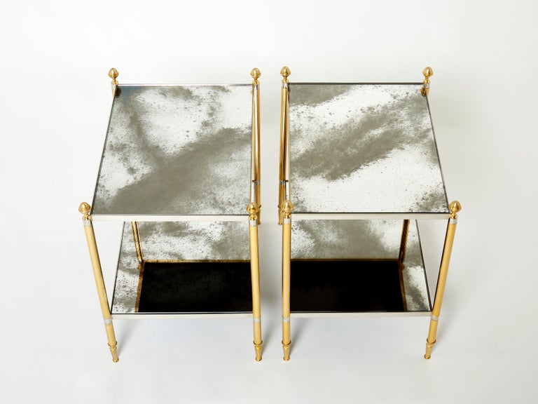 Maison Jansen Pair of Brass Chrome Mirrored Two-Tier End Tables, 1970s For Sale 3