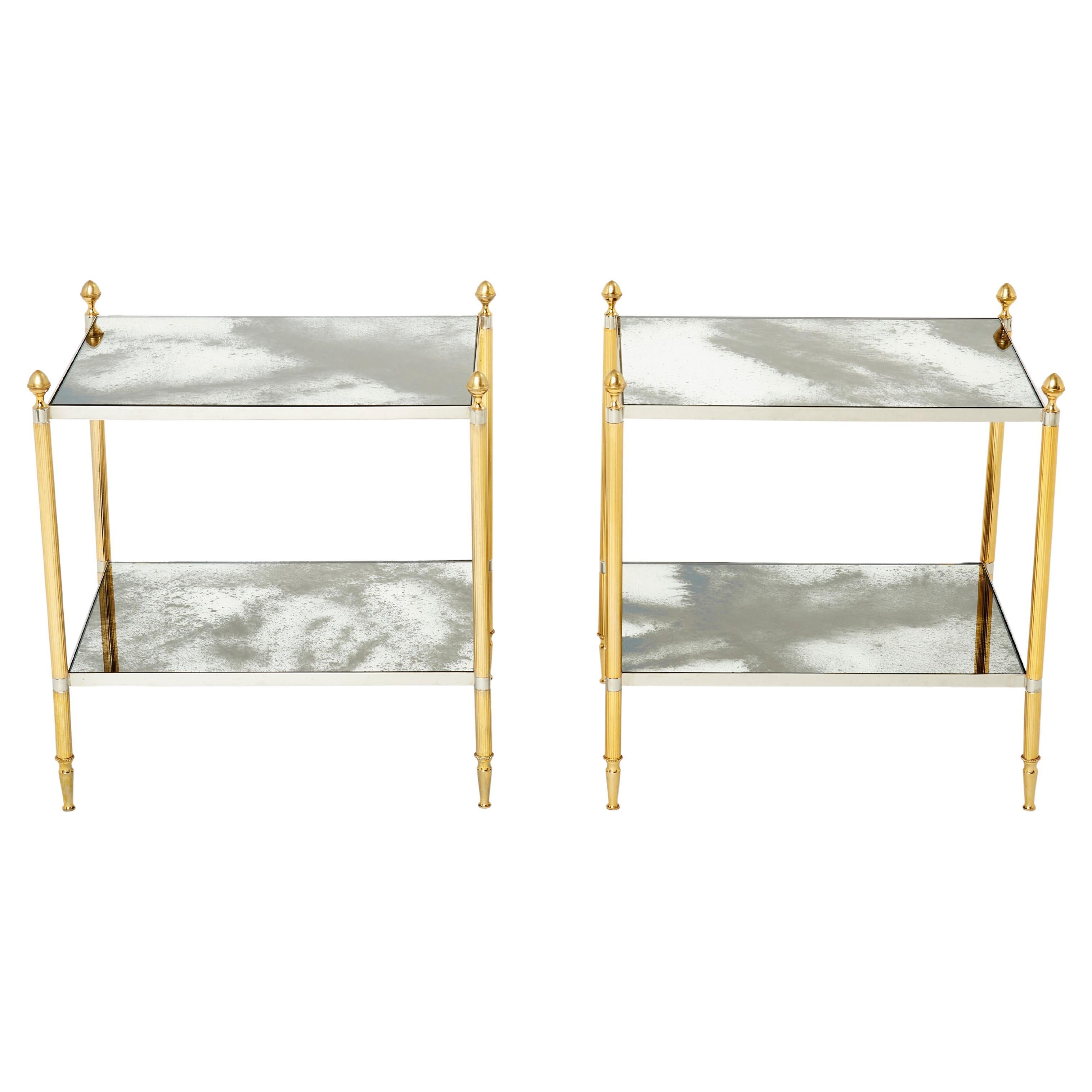 Maison Jansen Pair of Brass Chrome Mirrored Two-Tier End Tables, 1970s