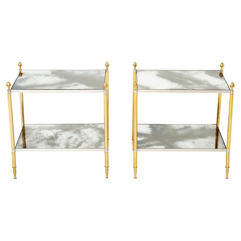 Maison Jansen Pair of Brass Chrome Mirrored Two-Tier End Tables, 1970s For Sale