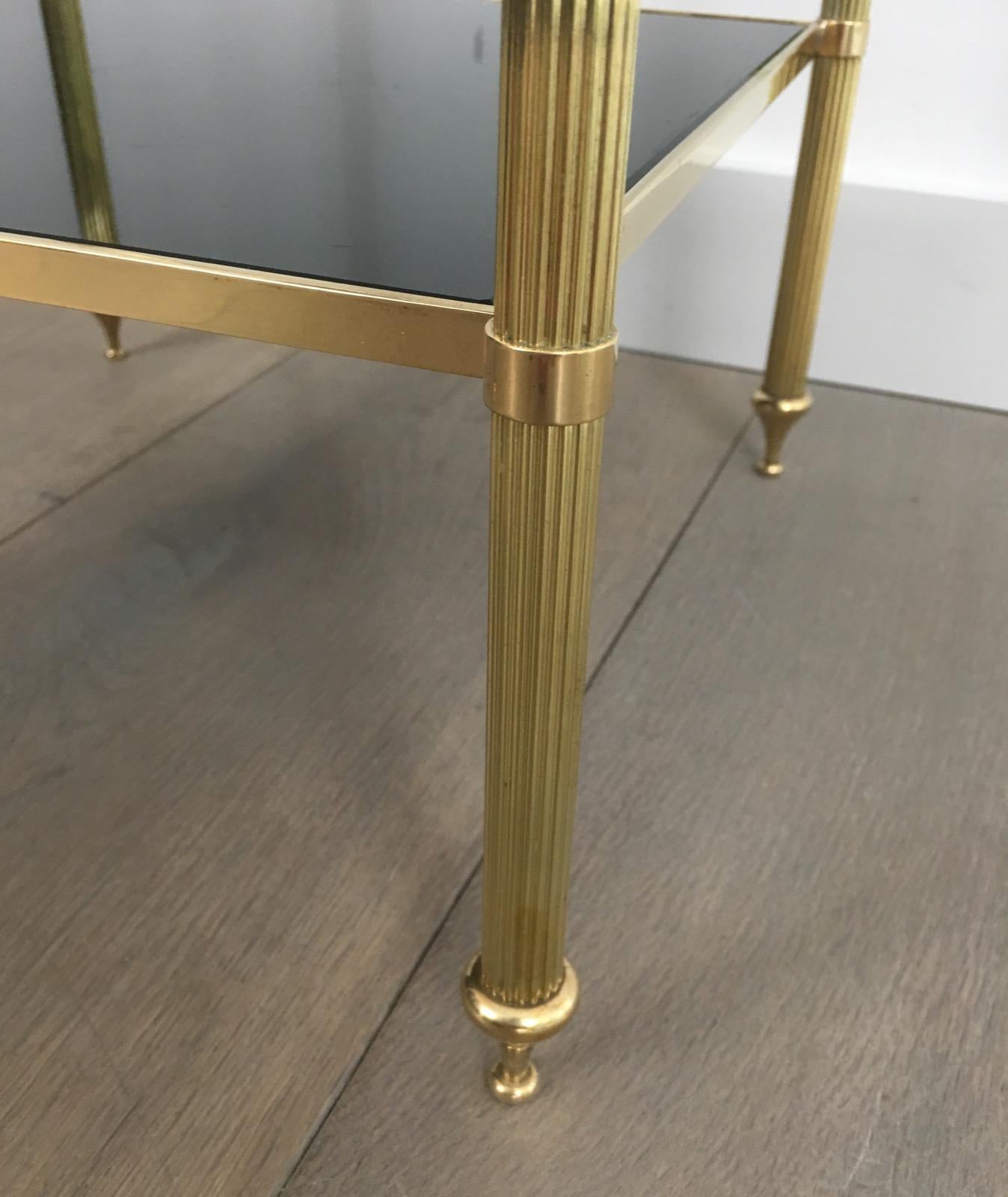 Maison Jansen, Pair of Brass Side Tables with Black Lacquered Glass Tops 5