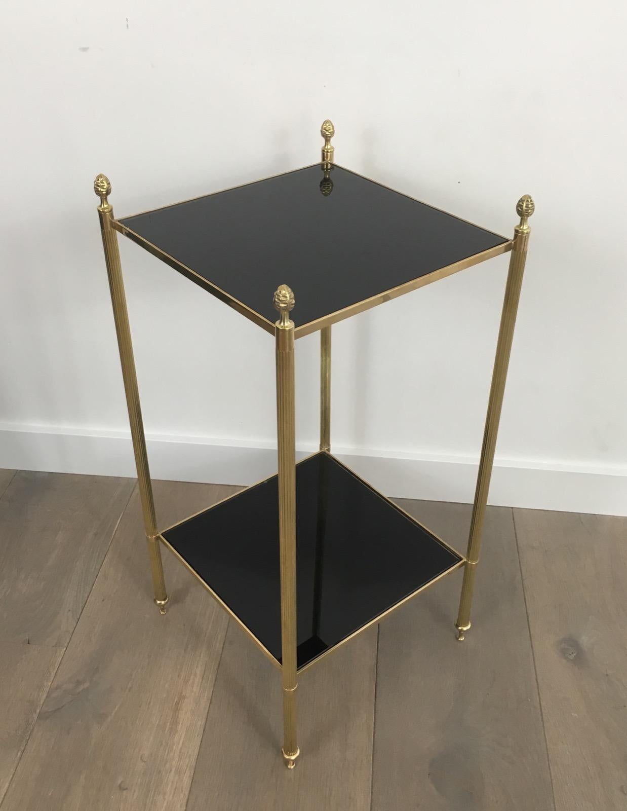 Maison Jansen, Pair of Brass Side Tables with Black Lacquered Glass Tops 6