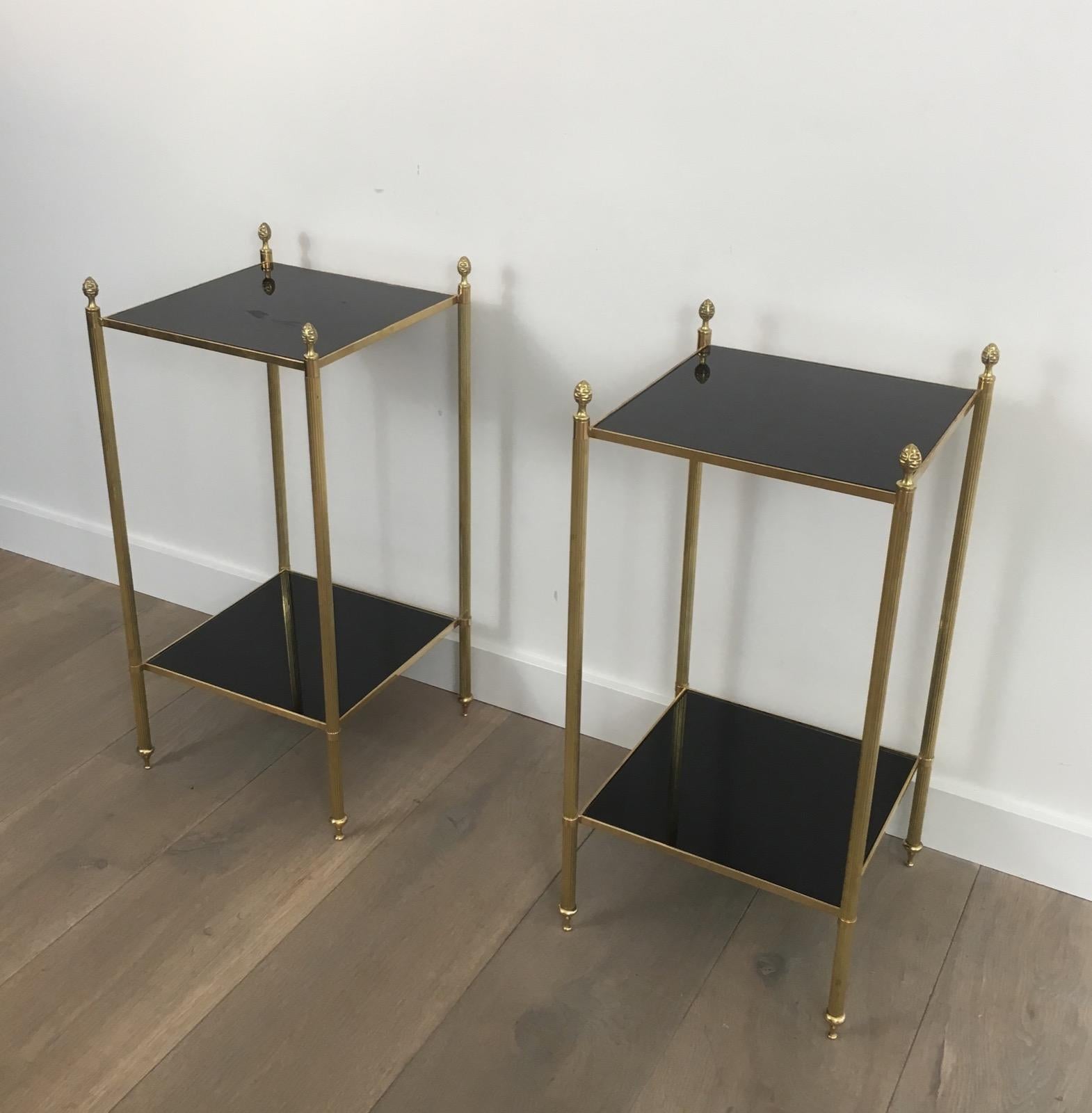 Maison Jansen, Pair of Brass Side Tables with Black Lacquered Glass Tops 7
