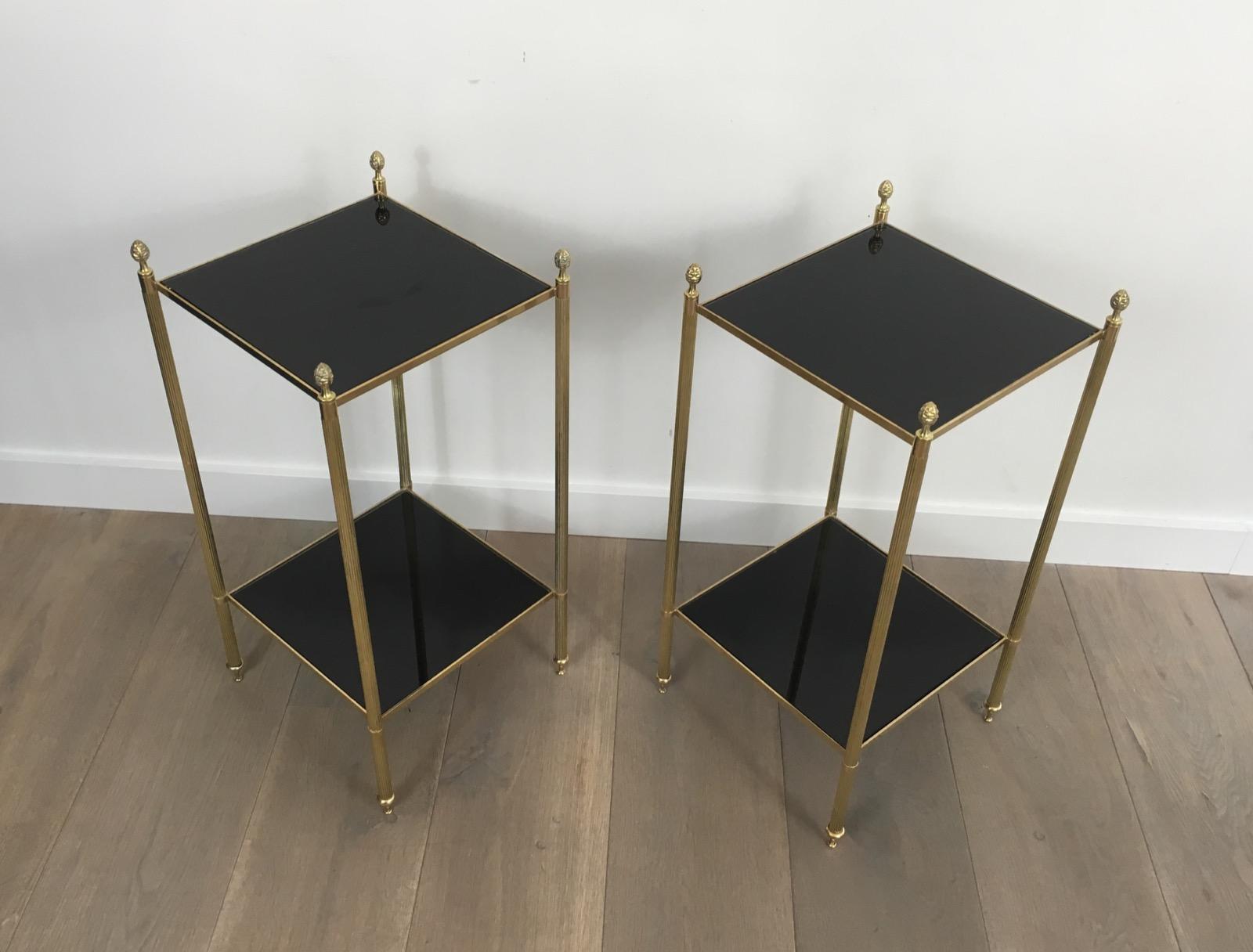 Maison Jansen, Pair of Brass Side Tables with Black Lacquered Glass Tops 8