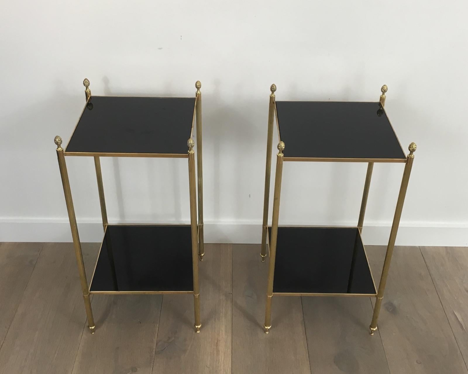 Maison Jansen, Pair of Brass Side Tables with Black Lacquered Glass Tops 9