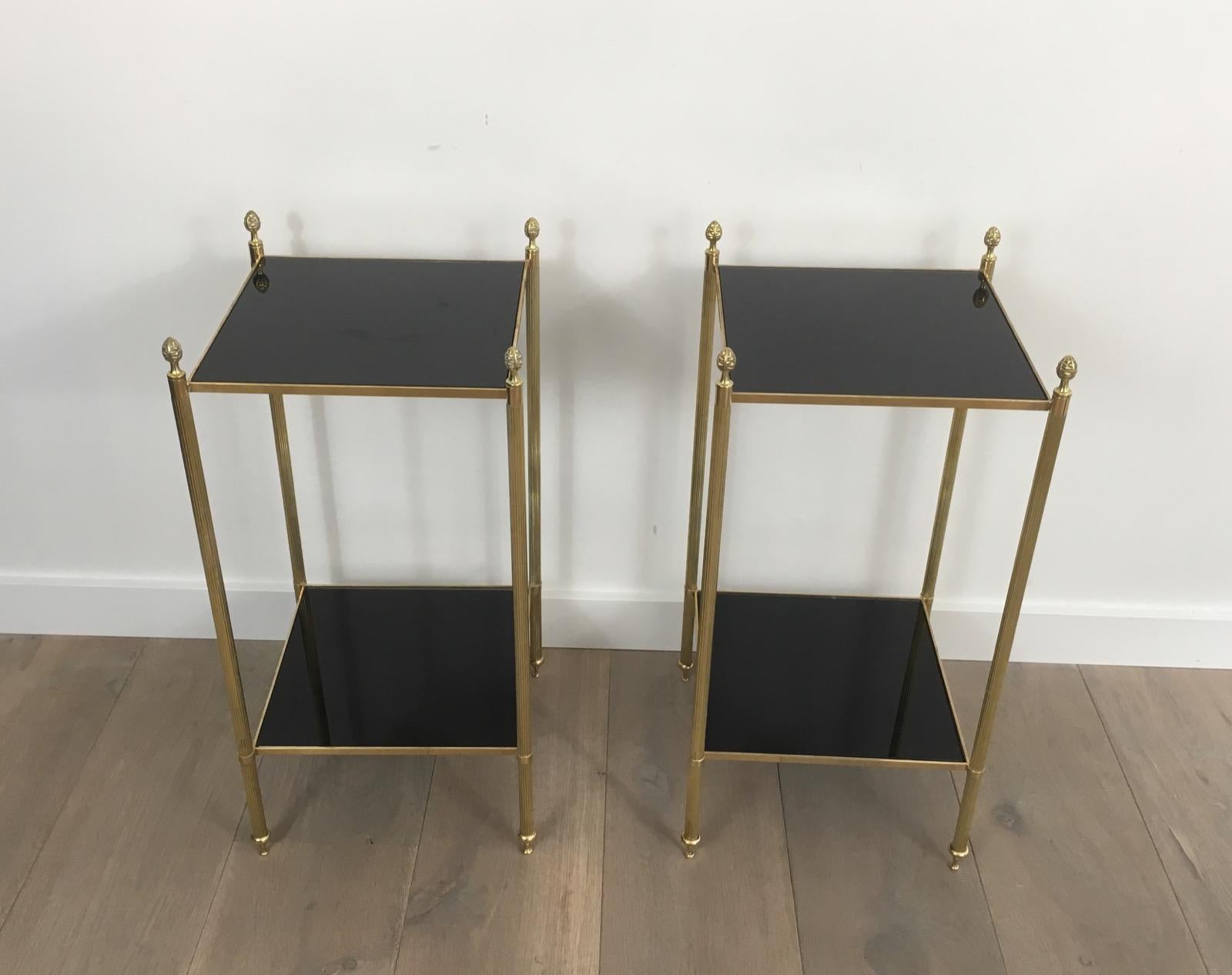 Neoclassical Maison Jansen, Pair of Brass Side Tables with Black Lacquered Glass Tops