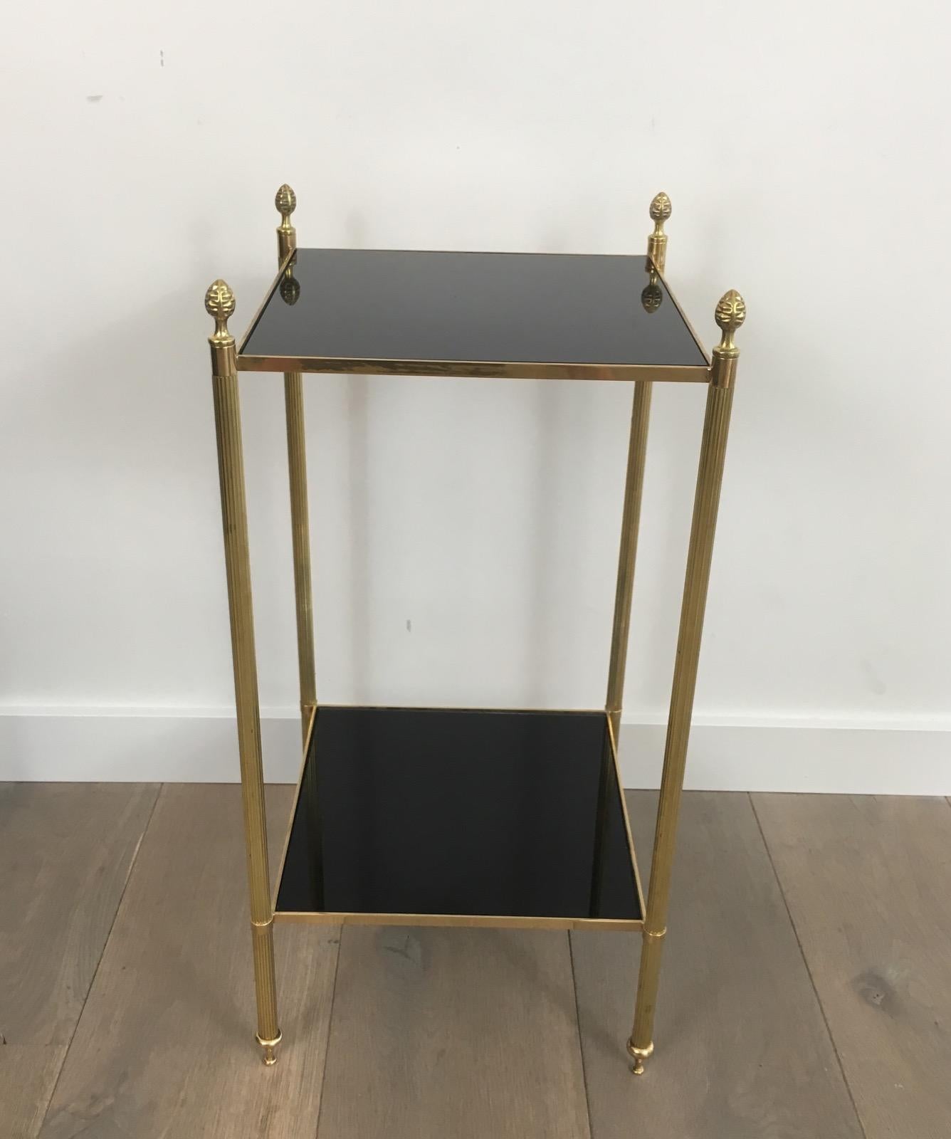 Mid-20th Century Maison Jansen, Pair of Brass Side Tables with Black Lacquered Glass Tops