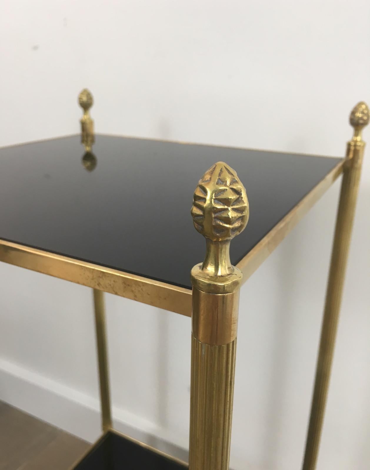 Maison Jansen, Pair of Brass Side Tables with Black Lacquered Glass Tops 3