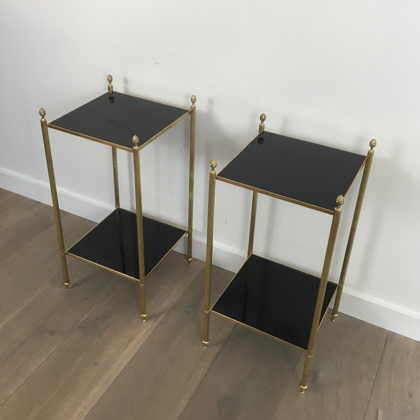 French Maison Jansen, Pair of Brass Side Tables with Black Lacquered Glass Tops