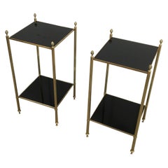 Maison Jansen, Pair of Brass Side Tables with Black Lacquered Glass Tops