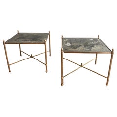Maison Jansen, Pair of Brass Side Tables with Eglomised Mirrors, French