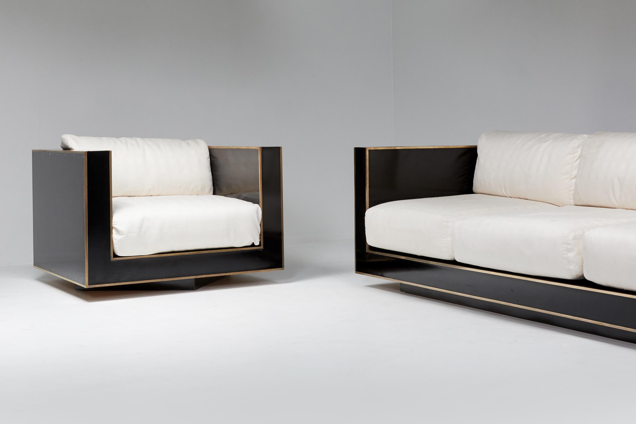 Romeo Rega Pair of Cubic Lounge Chairs in Black and Brass Hollywood Regency 6