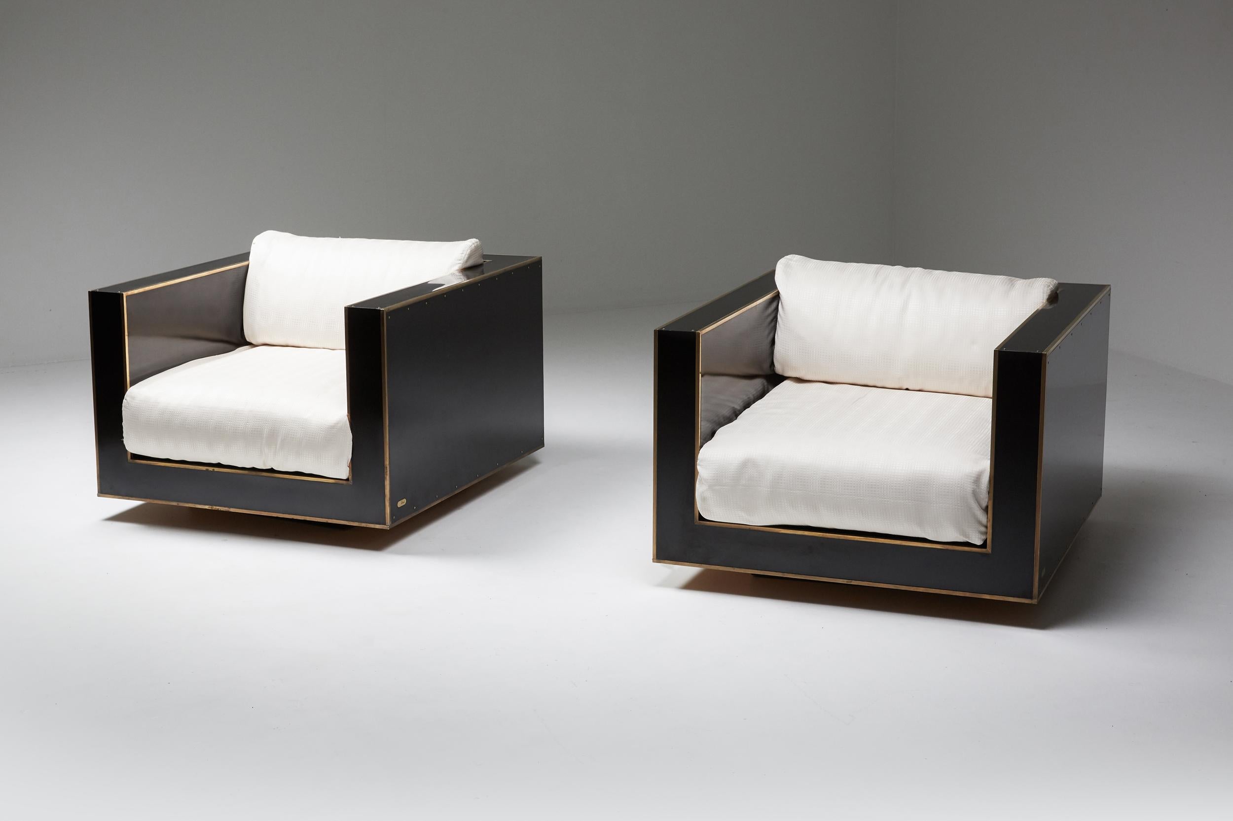 French Romeo Rega Pair of Cubic Lounge Chairs in Black and Brass Hollywood Regency