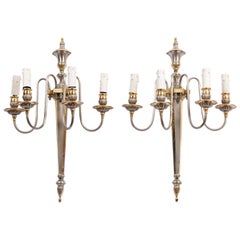Maison Jansen, Pareja de Apliques de Pared Estilo Directoire Latón Dorado y Plateado Años 70