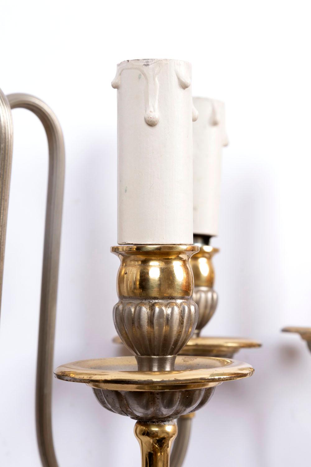 Maison Jansen, Pair of Directoire Style Wall Sconces Gilt and Silver Brass 1970s For Sale 5