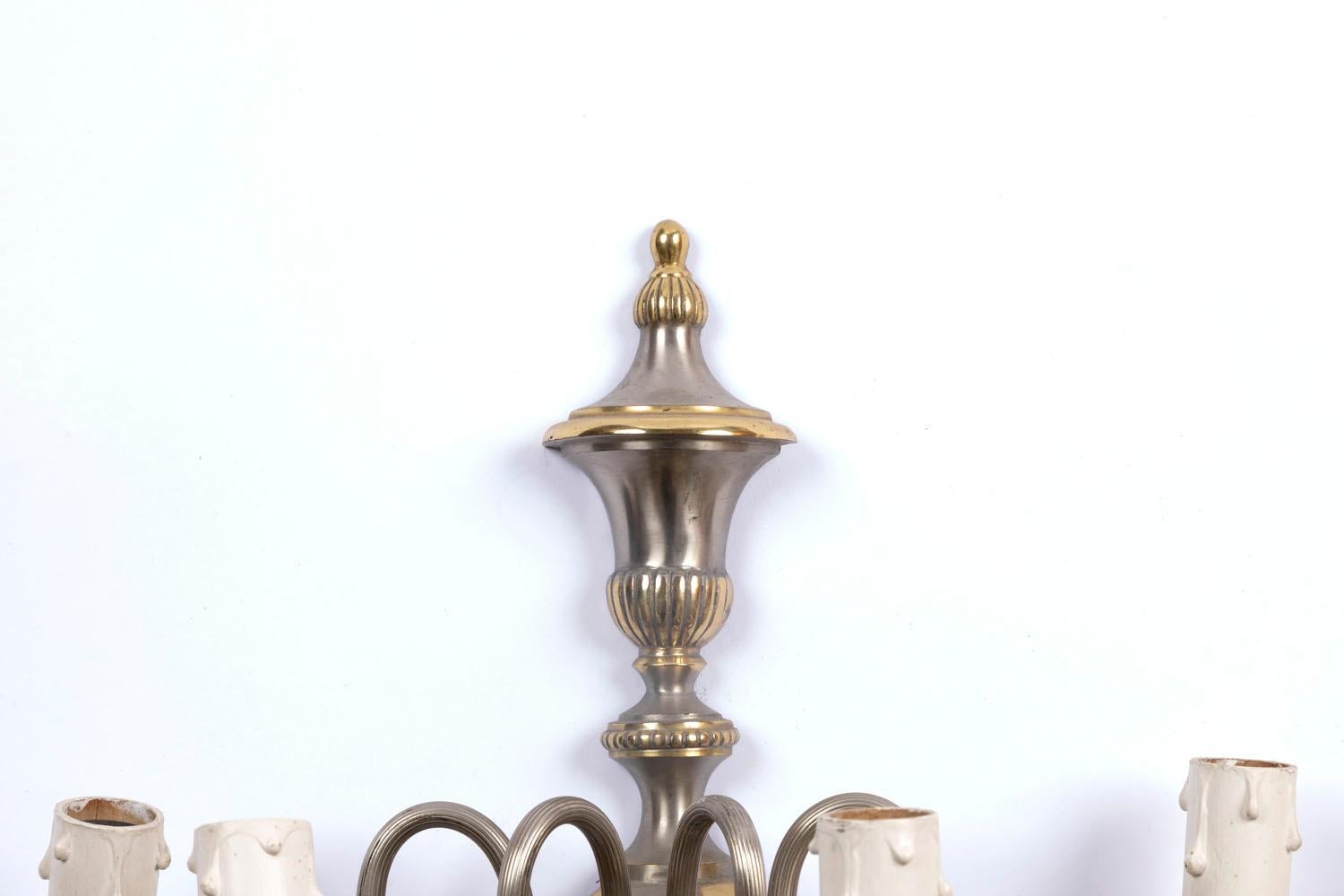 European Maison Jansen, Pair of Directoire Style Wall Sconces Gilt and Silver Brass 1970s For Sale