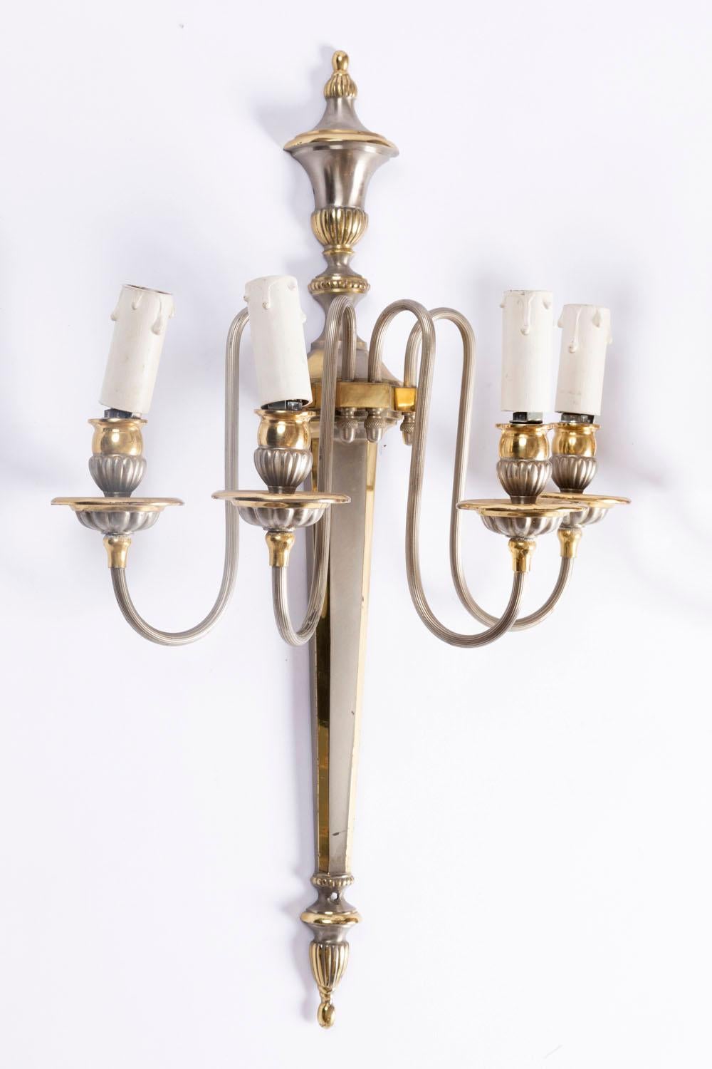 Maison Jansen, Pair of Directoire Style Wall Sconces Gilt and Silver Brass 1970s In Good Condition For Sale In Saint-Ouen, FR