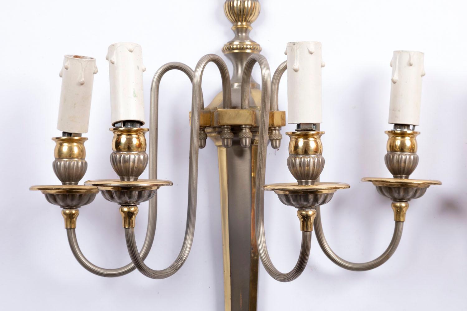 Late 20th Century Maison Jansen, Pair of Directoire Style Wall Sconces Gilt and Silver Brass 1970s For Sale