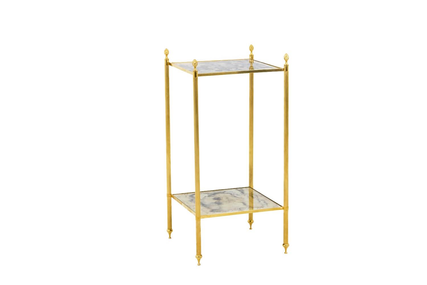 French Maison Jansen, Pair of End Tables in Gilt Brass and Oxidized Mirror, 1960s