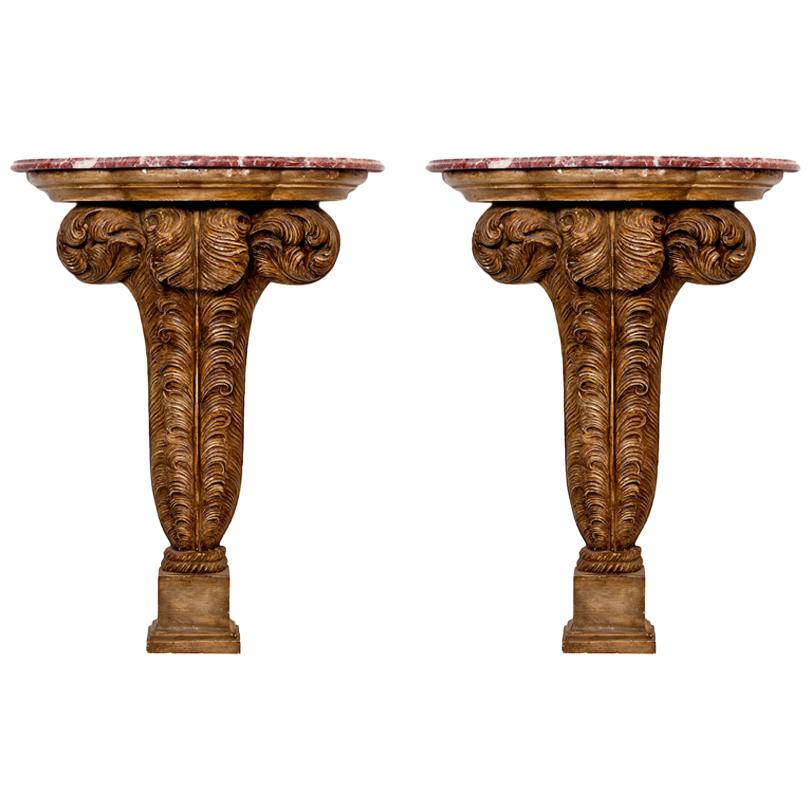 French Maison Jansen Pair of Feather Consoles, Plaster and Wood Base, Marble Top