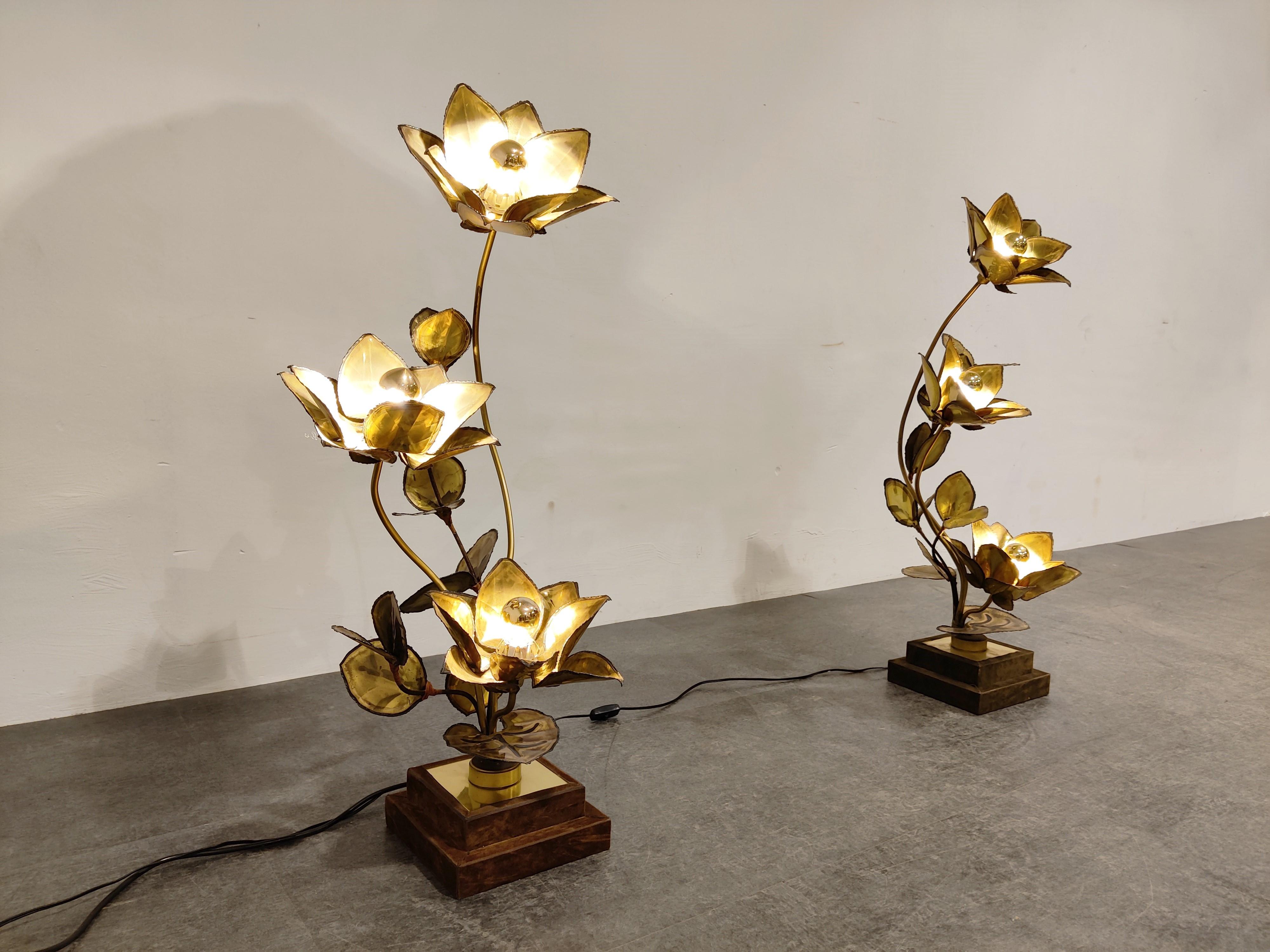 Brass Maison Jansen Pair of Flower Lamps, 1970s