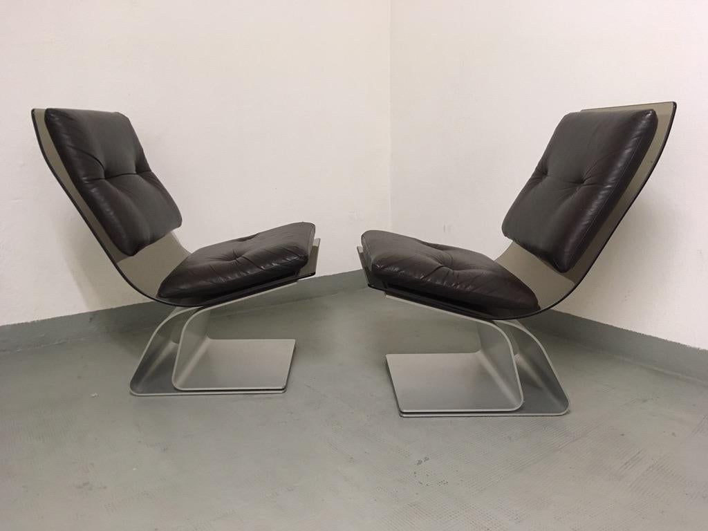 French Maison Jansen Pair of Glass and Steel Easy Chairs For Sale