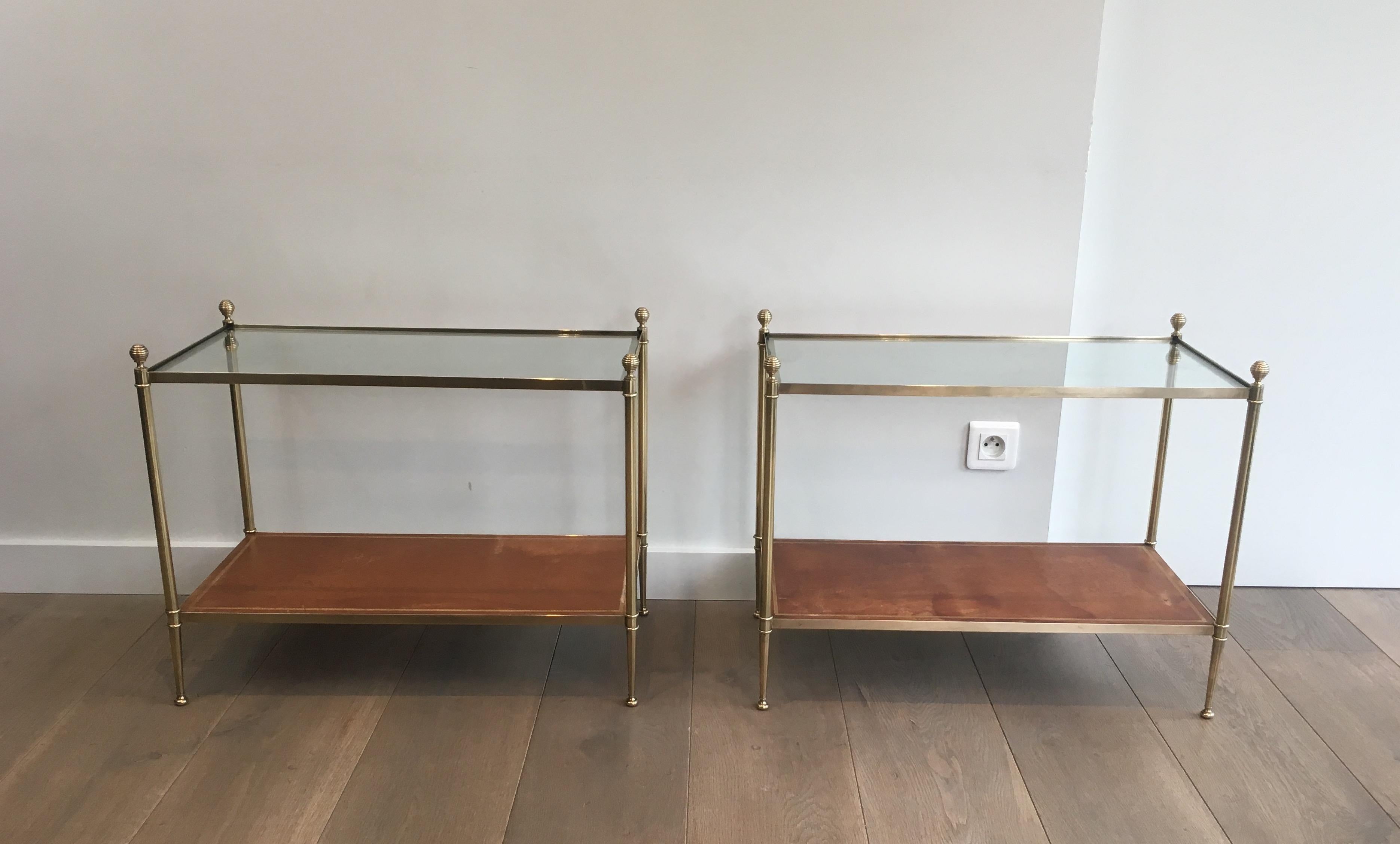 Maison Jansen, Pair of Neoclassical Style Brass, Leather and Glass Side Tables 5