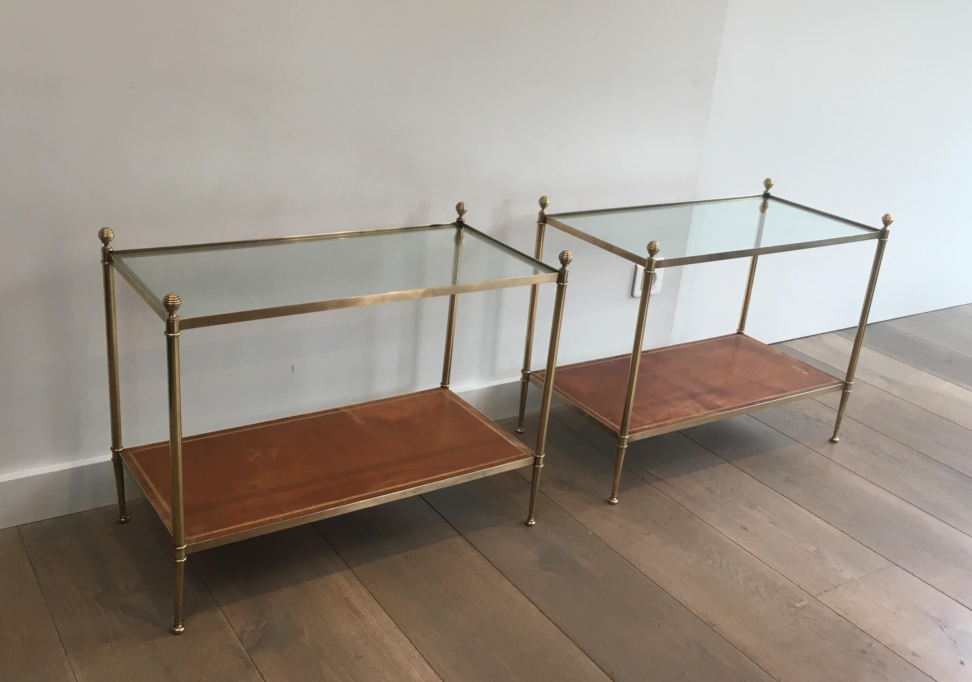 Maison Jansen, Pair of Neoclassical Style Brass, Leather and Glass Side Tables 13