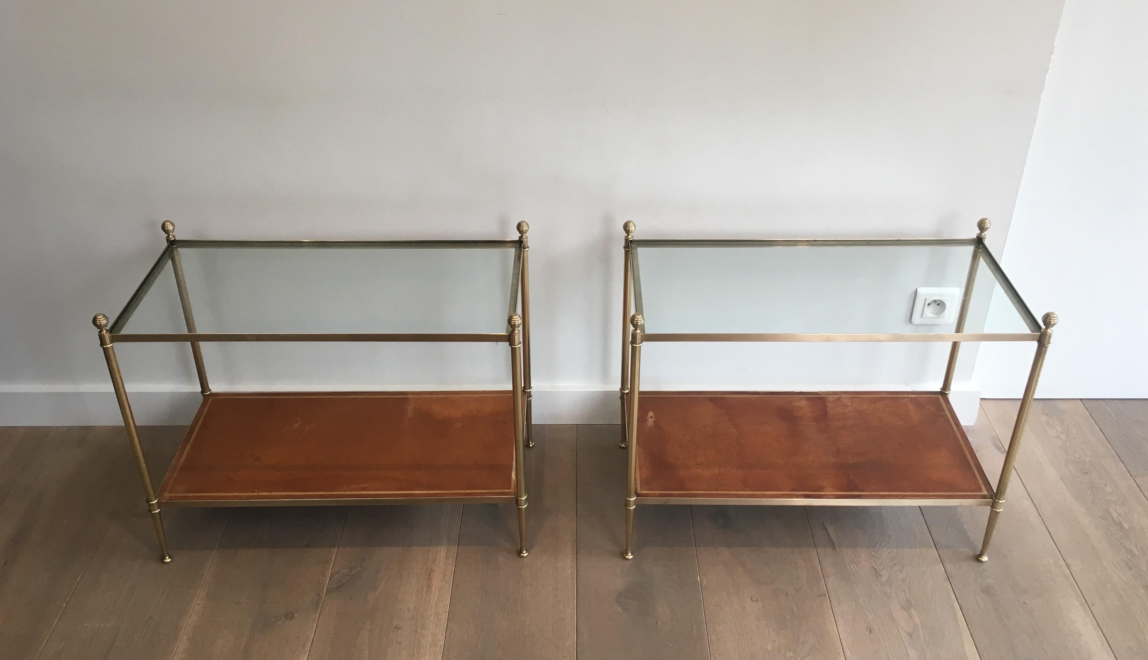 Maison Jansen, Pair of Neoclassical Style Brass, Leather and Glass Side Tables 14