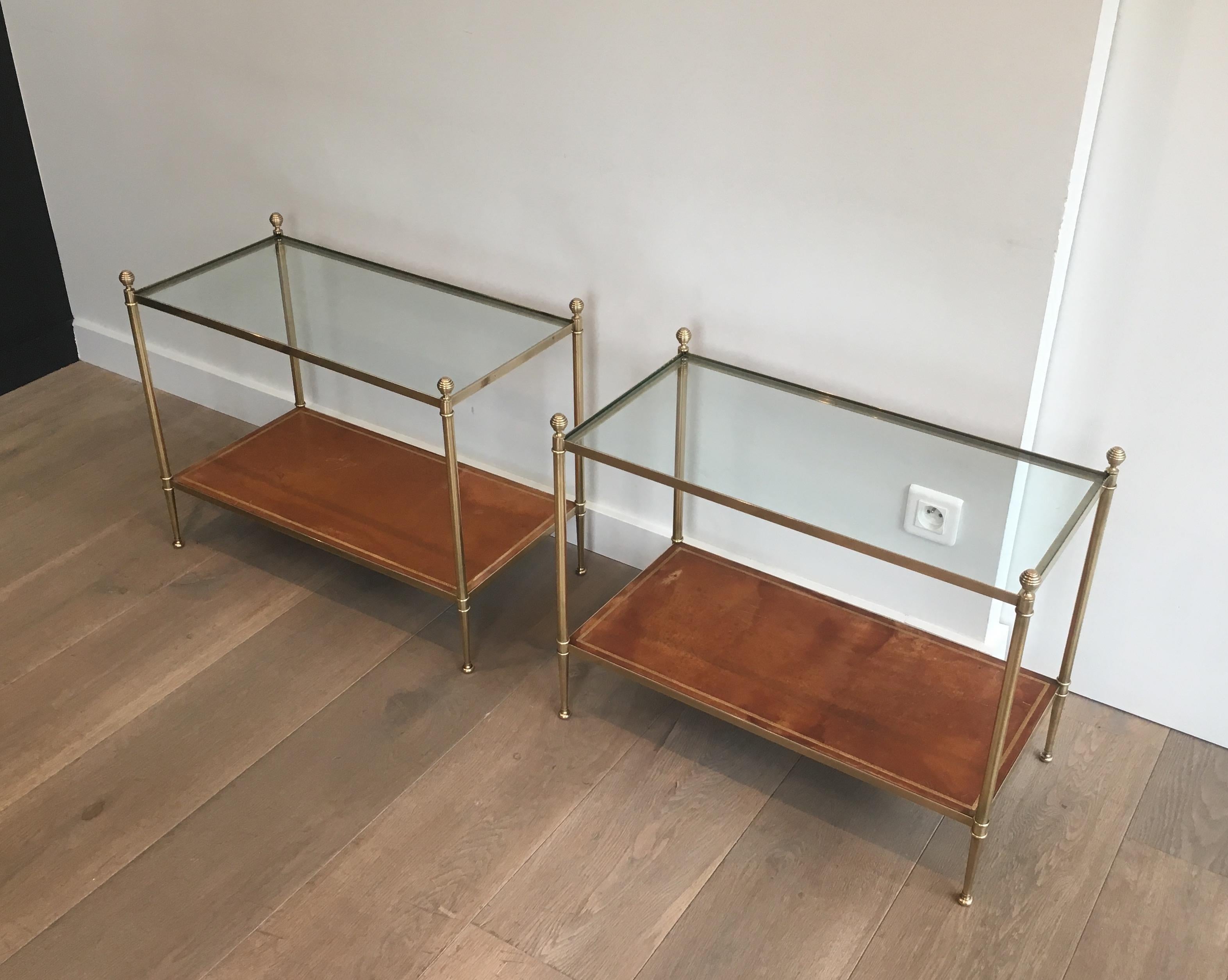 Maison Jansen, Pair of Neoclassical Style Brass, Leather and Glass Side Tables 15