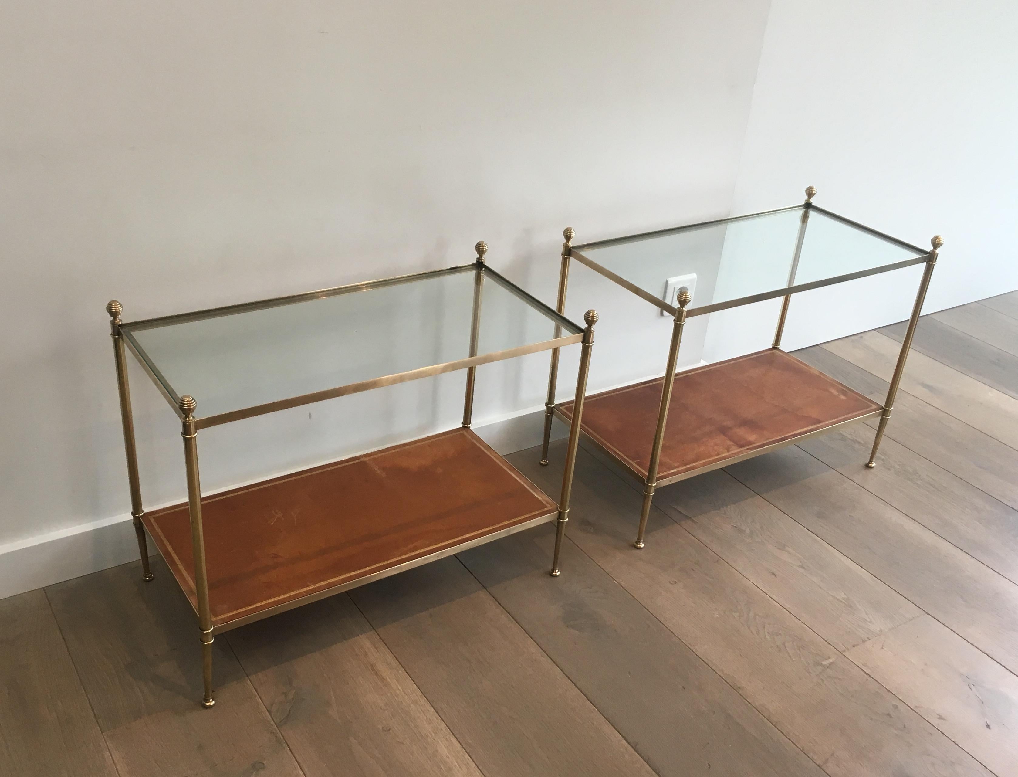 French Maison Jansen, Pair of Neoclassical Style Brass, Leather and Glass Side Tables