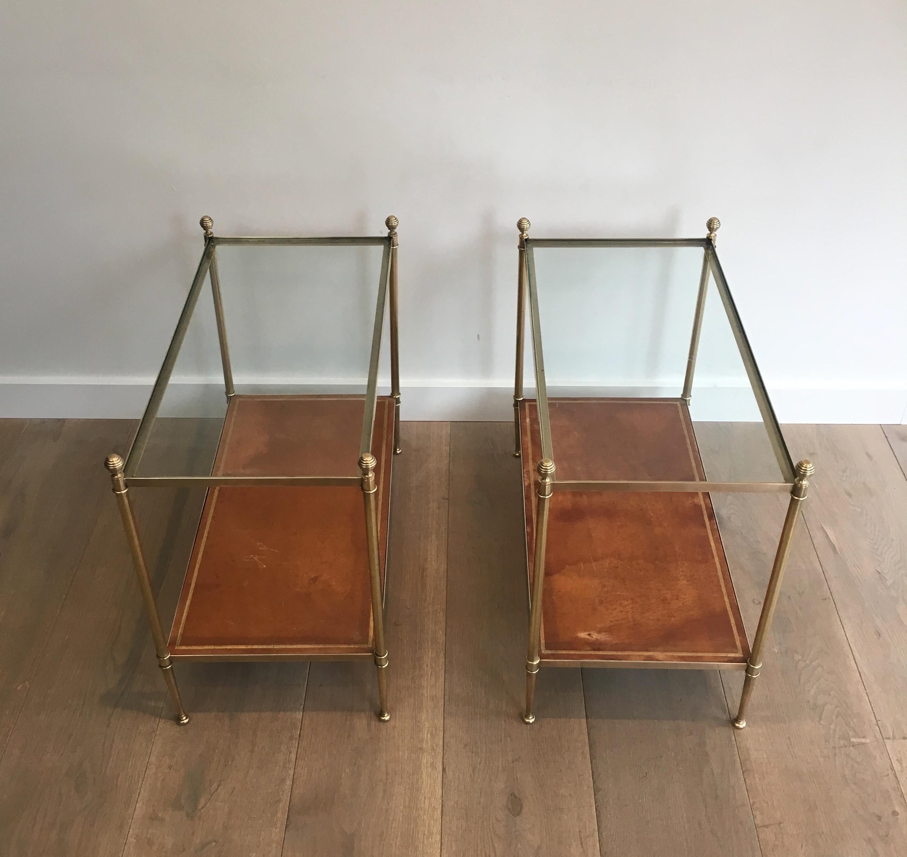 Mid-20th Century Maison Jansen, Pair of Neoclassical Style Brass, Leather and Glass Side Tables